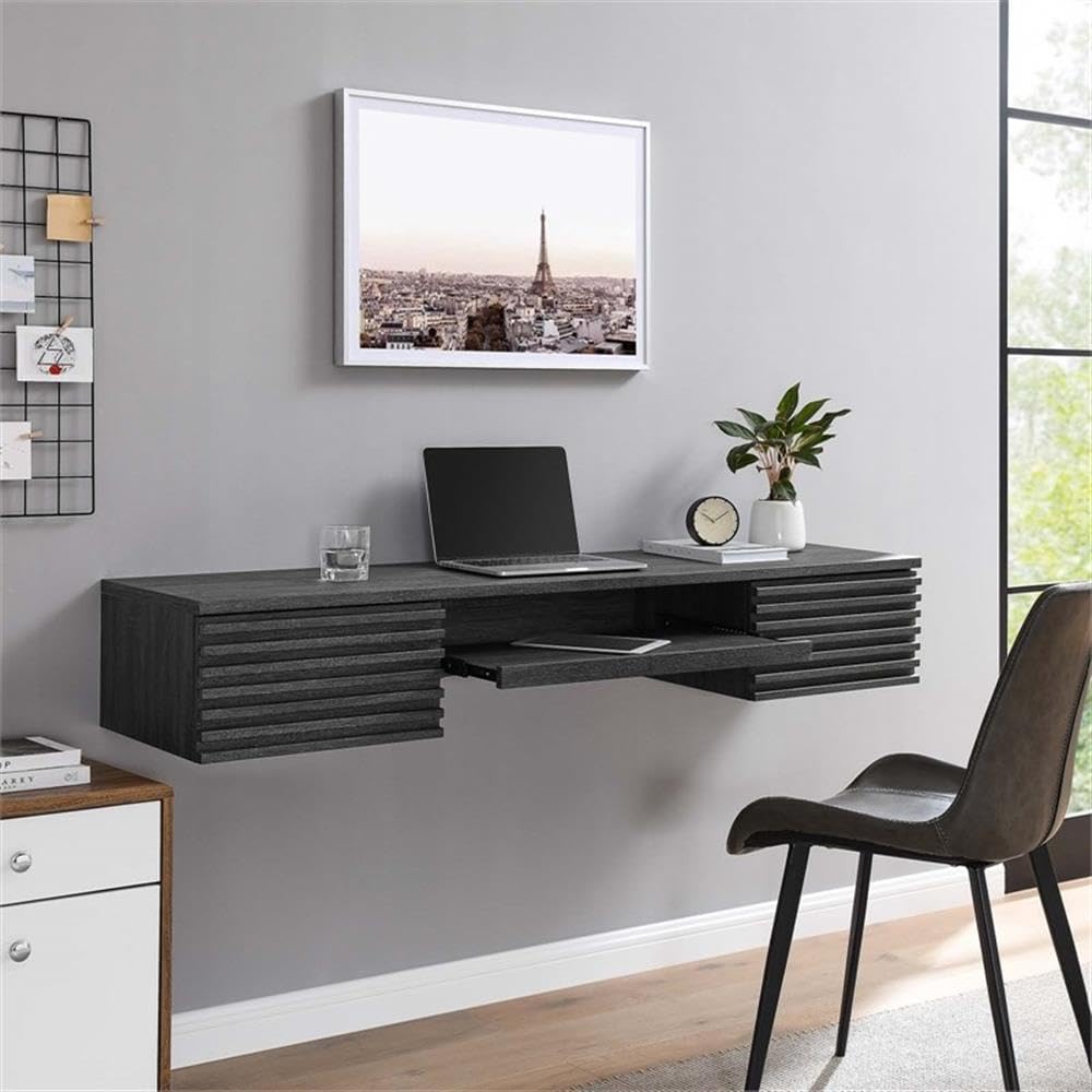 Modway Render Mid-Century Modern Wall Mount Floating Desk - Charcoal Finish | Space-Saving Home Office & Small Apartment Workstation