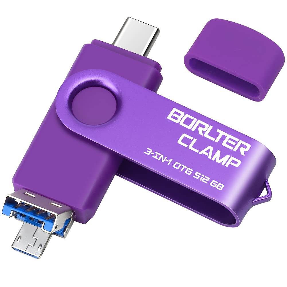 512GB 3-in-1 USB 3.0 Flash Drive - OTG Photo Stick with USB C, Micro USB & USB A Ports - Compatible with Samsung Galaxy, LG, Tablets, PC - Portable Memory Stick for Photos, Videos & Files Transfer - Perfect for Travel, Work & Backup (Purple)