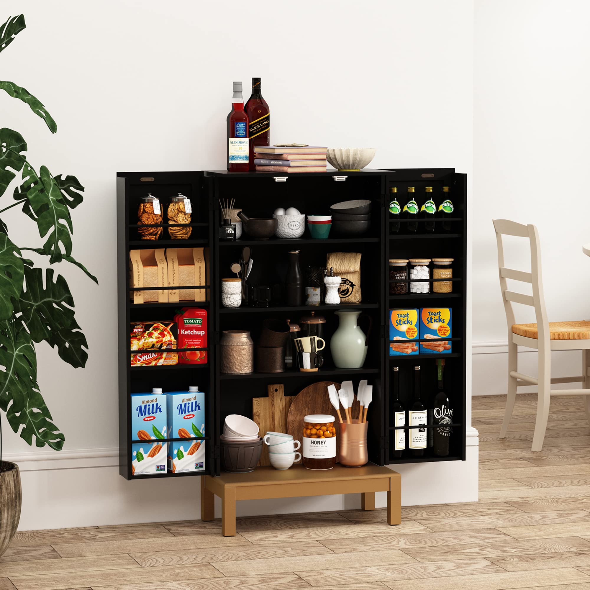 ARTPOWER 45-Inch Kitchen Pantry Cabinet with Gold Trim - Adjustable Shelves & Doors - Black Storage Cabinet with Gold Legs for Kitchen, Dining Room & Living Room - Perfect for Organizing Food, Dishes & Home Essentials