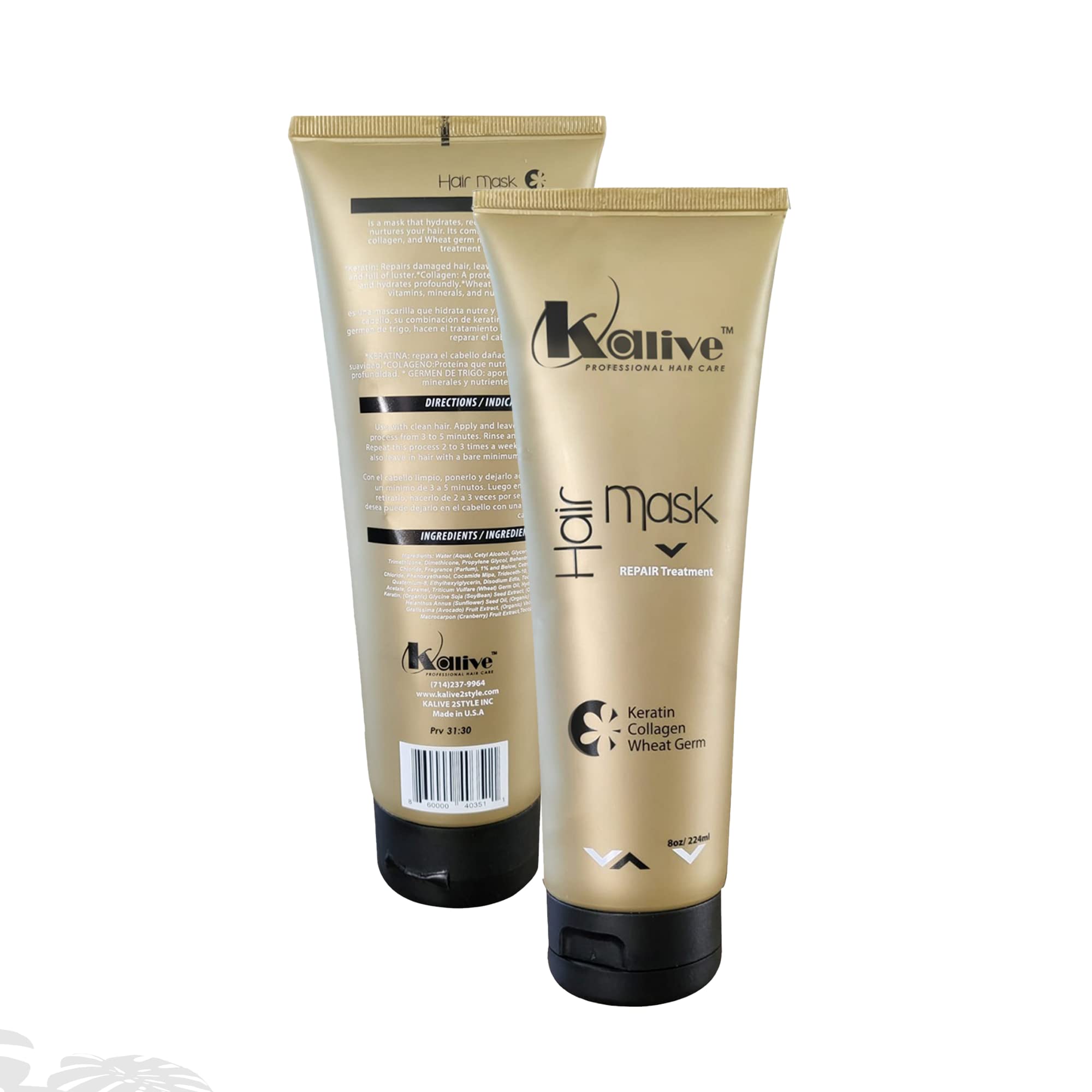 KALIVE Deep Hydrating & Repairing Hair Mask with Keratin, Collagen & Wheat Germ - 8 oz Hair Treatment for Dry, Damaged Hair - Perfect for Salon-Quality At-Home Hair Care & Post-Color Treatment