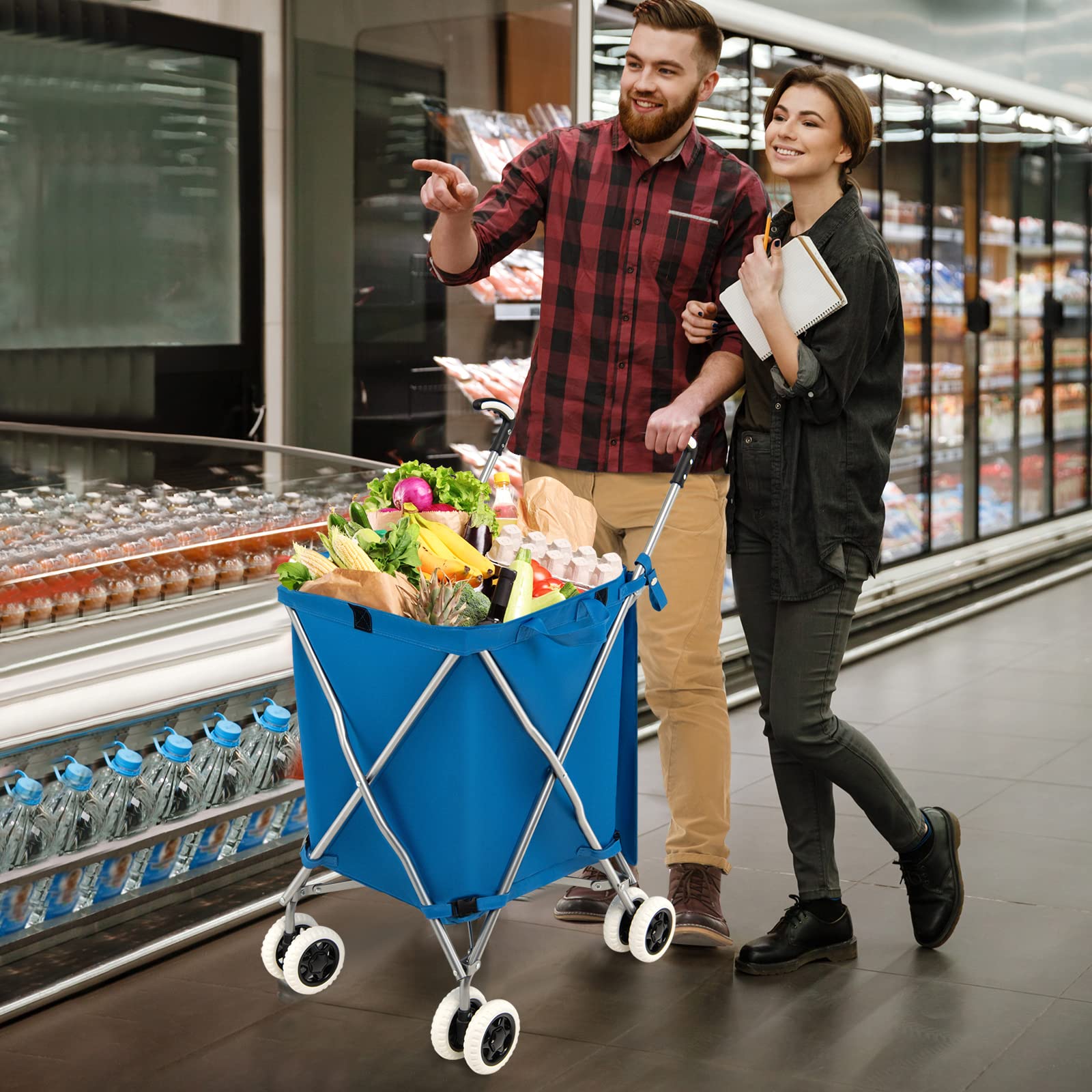 Goplus Foldable Shopping Cart with Wheels - Lightweight Grocery Utility Cart with Removable Oxford Cloth Liner for Supermarket, Laundry & Home Use (Blue)