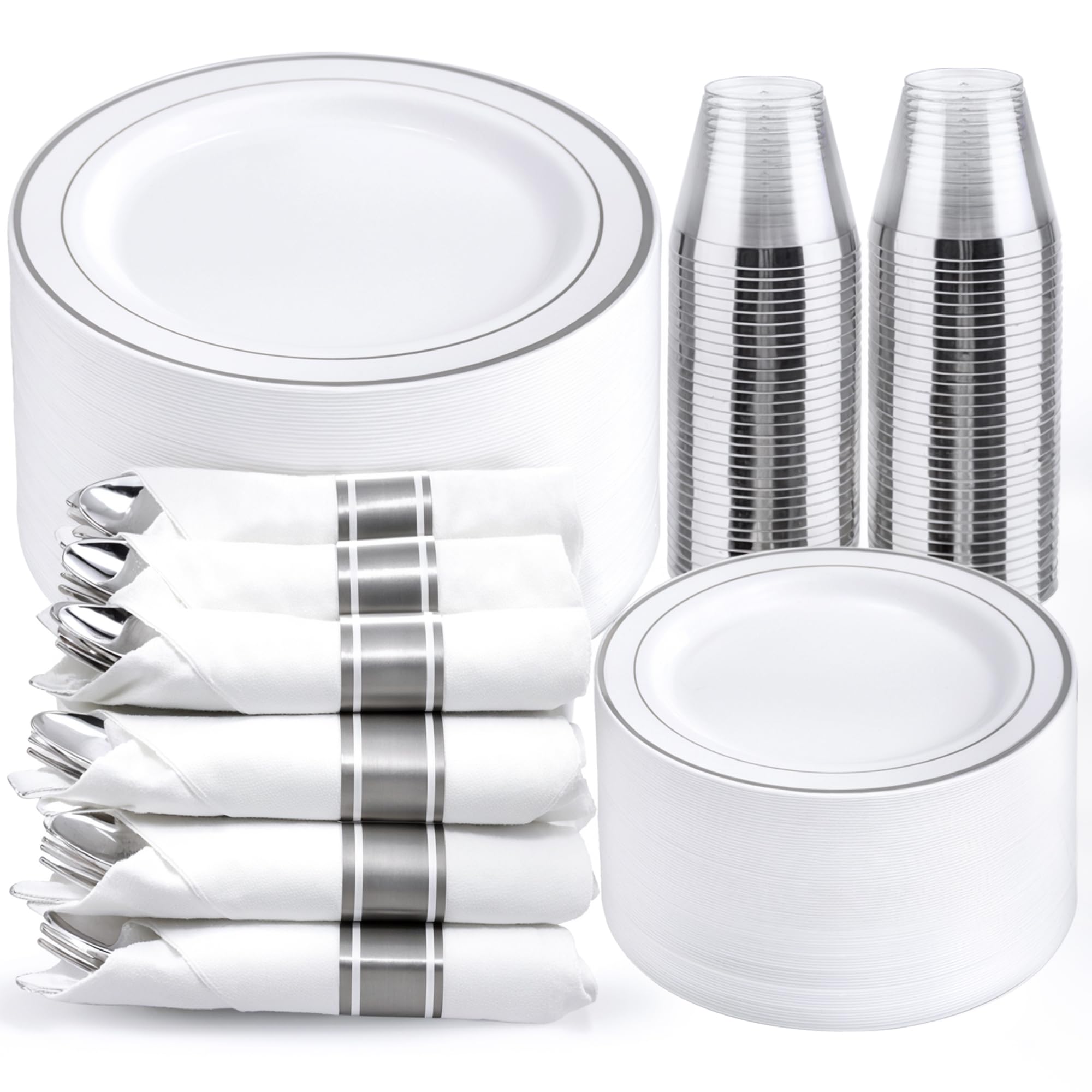 WELLIFE 350-Piece Silver Plastic Party Plates Set - Disposable Dinnerware for 50 Guests, Includes Plates, Cups & Napkins - Perfect for Birthday Parties, Weddings, BBQs & Events