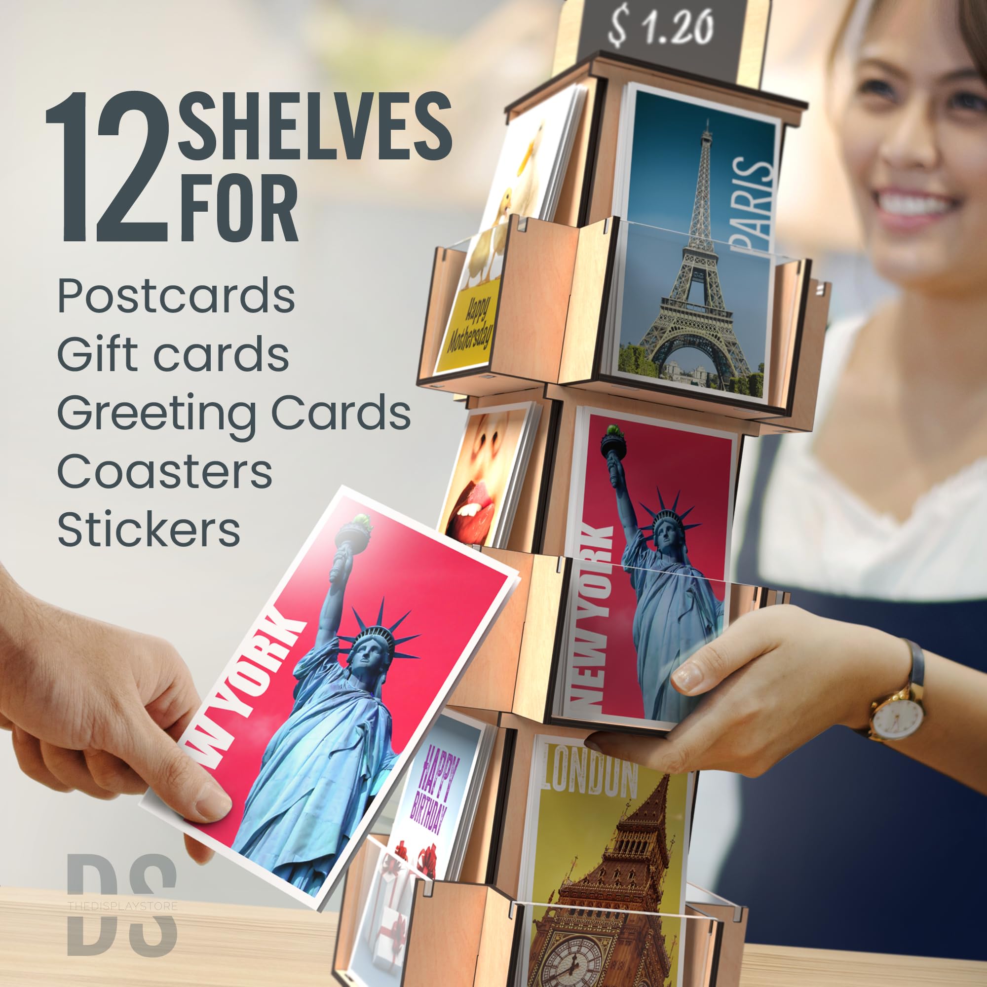 3 Tier Rotating Wooden Display Stand for Greeting Cards & Stickers - Retail Counter Vendor Organizer with 360° Spinning Shelf - Perfect for Gift Shops, Stationery Stores and Boutique Displays