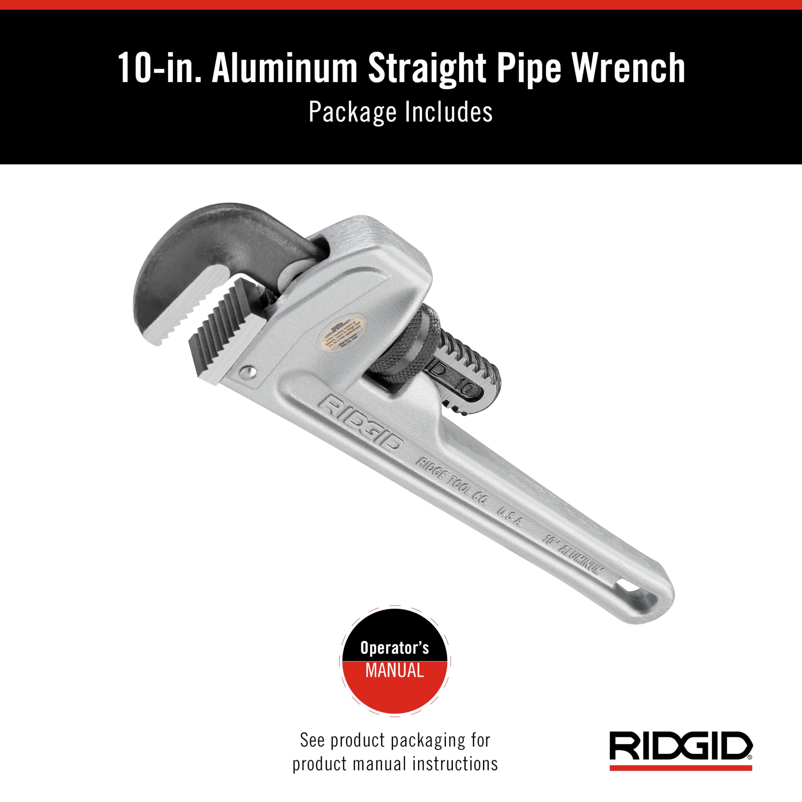 RIDGID 31090 10-Inch Aluminum Straight Pipe Wrench - Heavy Duty Plumbing Tool with Self-Cleaning Threads & Hook Jaws for Home Repair, Industrial Use, and DIY Plumbing Projects