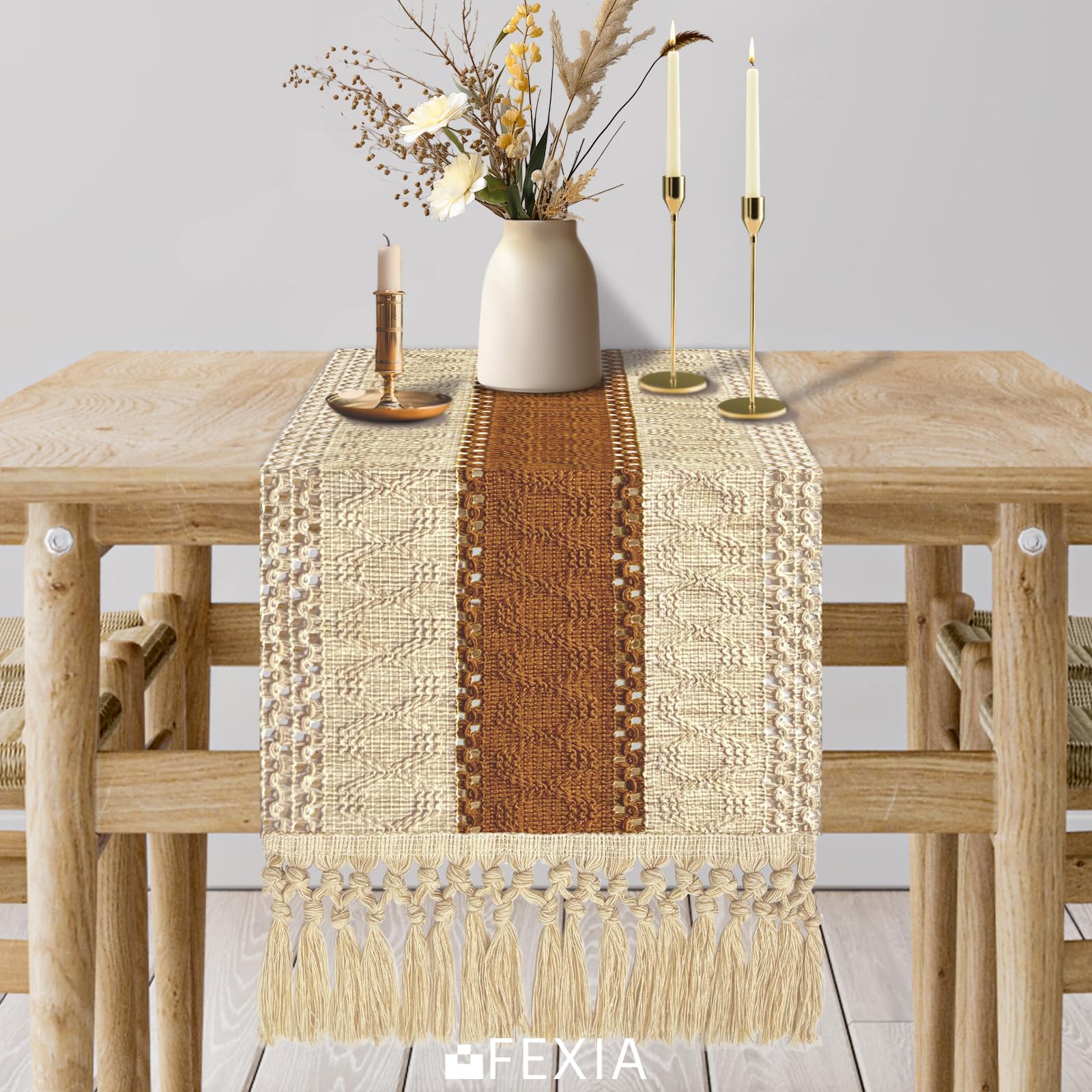 FEXIA 90 Inch Macrame Table Runner with Tassels - Bohemian Farmhouse Style Dining Decor for Wedding, Bridal Shower & Party | Rustic Brown (12x90 Inches) | Perfect for Boho Chic Home, Outdoor Picnics & Holiday Tablescapes