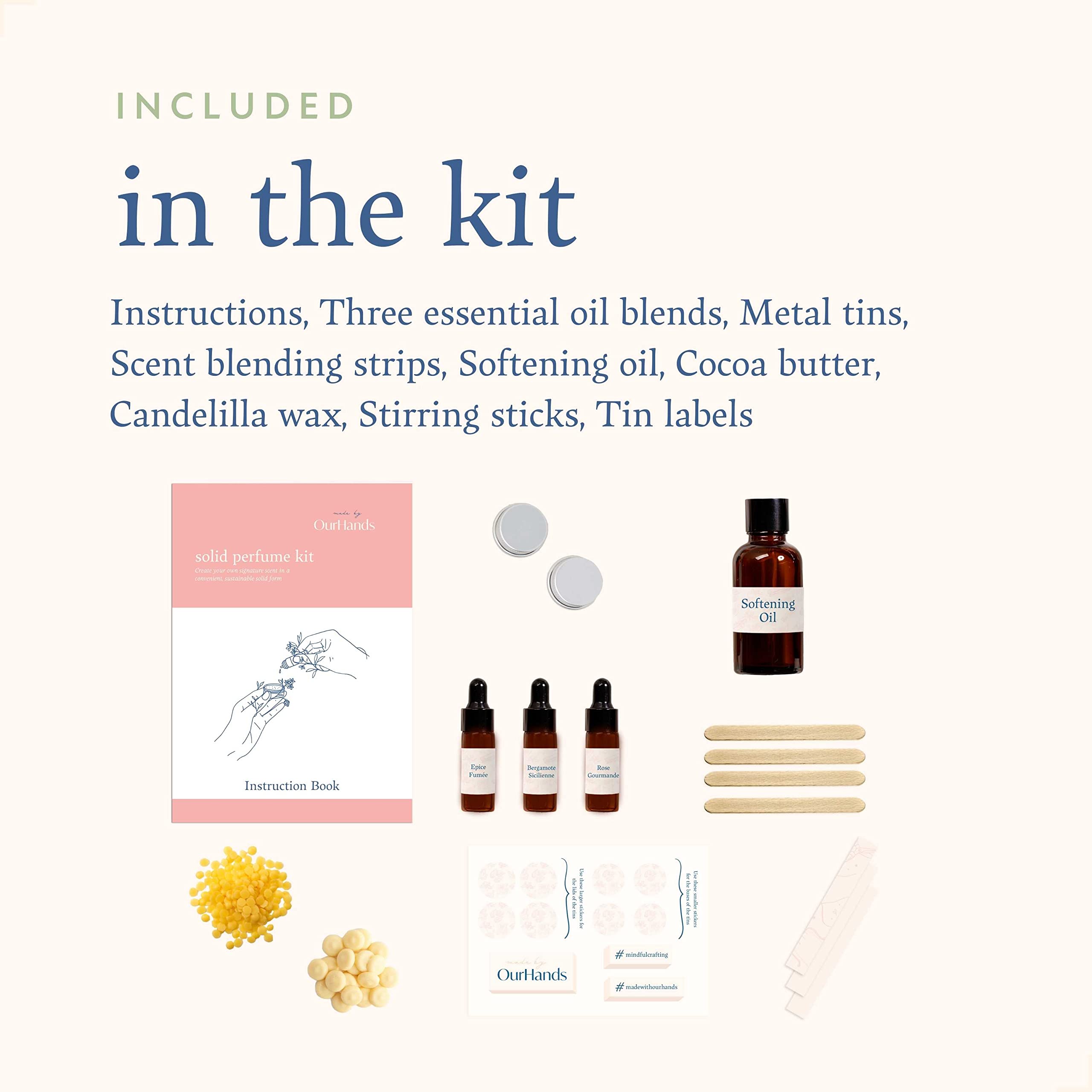 OurHands DIY Solid Perfume Making Kit - Natural Essential Oil Based, Alcohol-Free Fragrance Craft Set with 3 Blendable Scents, Reusable Tins & Guide - Perfect for Homemade Gifts, Aromatherapy & Personal Scent Creation