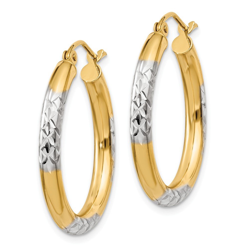 14K Yellow Gold Two-Tone Diamond-Cut Hoop Earrings for Women - 3x25mm Elegant Dangle Hoops for Everyday Wear, Parties & Gifts