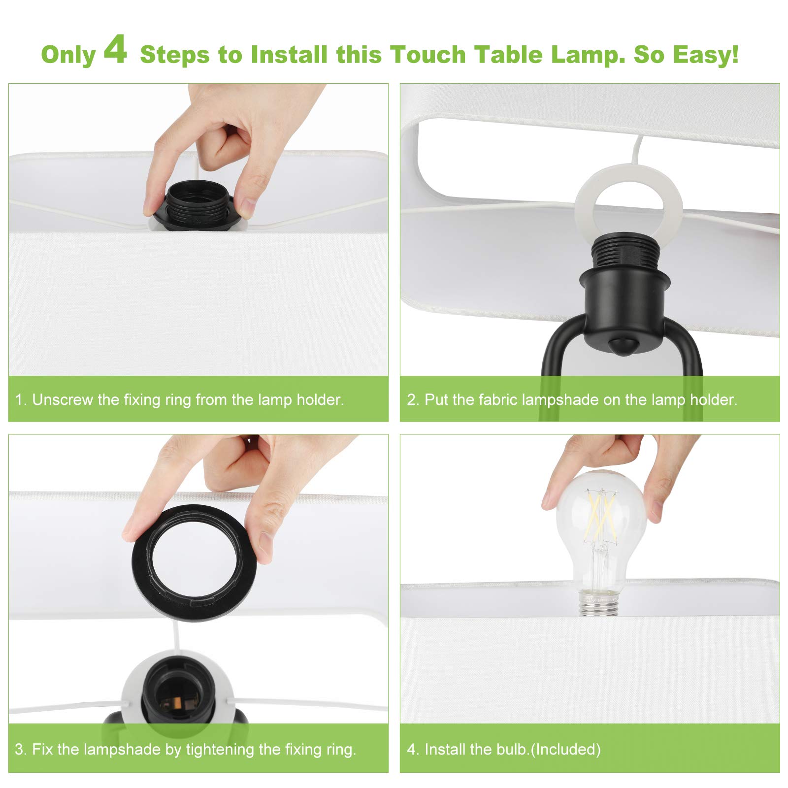 Modern Touch Control Table Lamp with Dual USB Ports & AC Outlet - 3-Way Dimmable Nightstand Lamp with White Fabric Shade, 5000K LED Bulb - Perfect for Bedroom, Living Room, Office & Study Desk Lighting