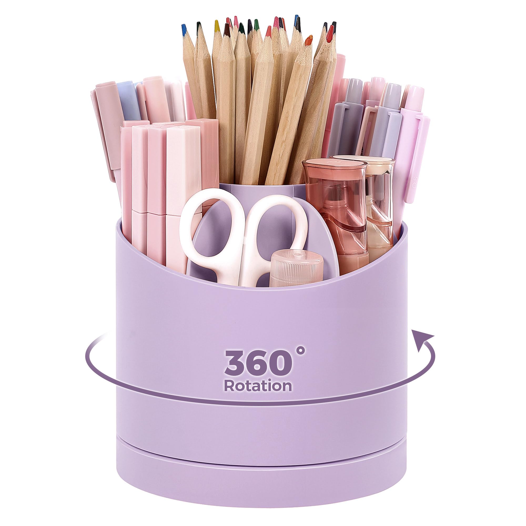 SKYDUE 360-Degree Rotating Desk Organizer with 7 Slots - Cute Purple Pen Holder for Pencils, Art Supplies & Office Accessories - Perfect for Classroom, Home Office & Workspace Organization