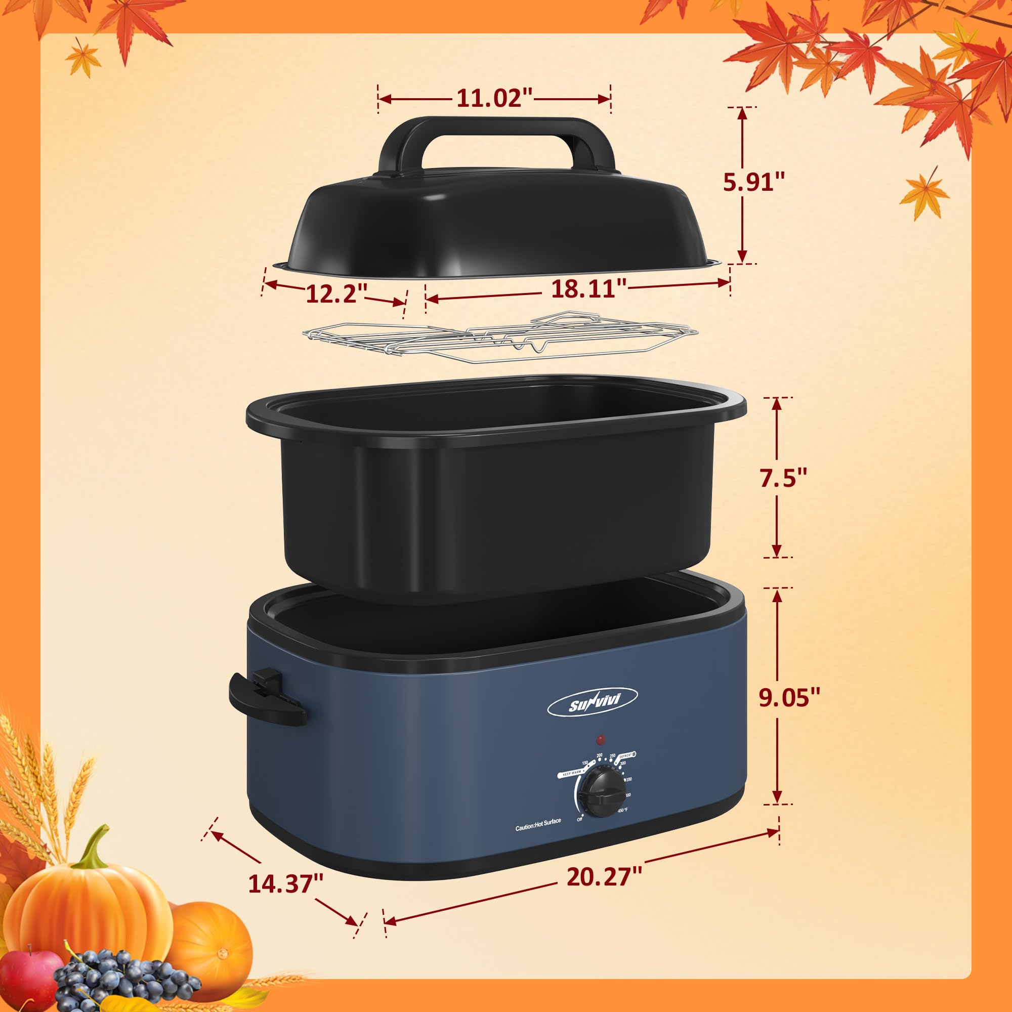 Sunvivi 28-Quart Electric Roaster Oven with Glass Lid - Self-Basting Turkey Roaster, Detachable Pan & Cool-Touch Handles (Blue) - Perfect for Thanksgiving, Holiday Cooking & Large Family Gatherings