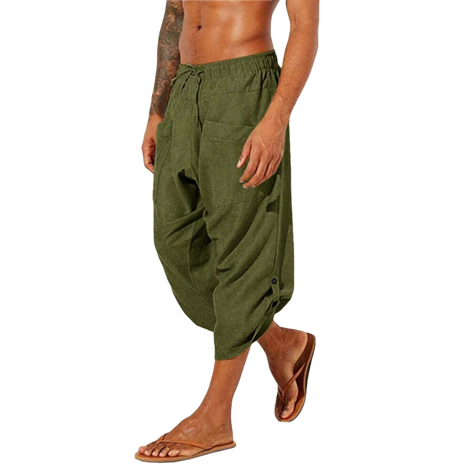 **Men's Breathable Linen Cotton Basketball Shorts - Wide Leg Below Knee Harem Pants with Pockets for Casual Wear & Sports**    *(Perfect for Summer, Workouts, and Relaxing at Home)*