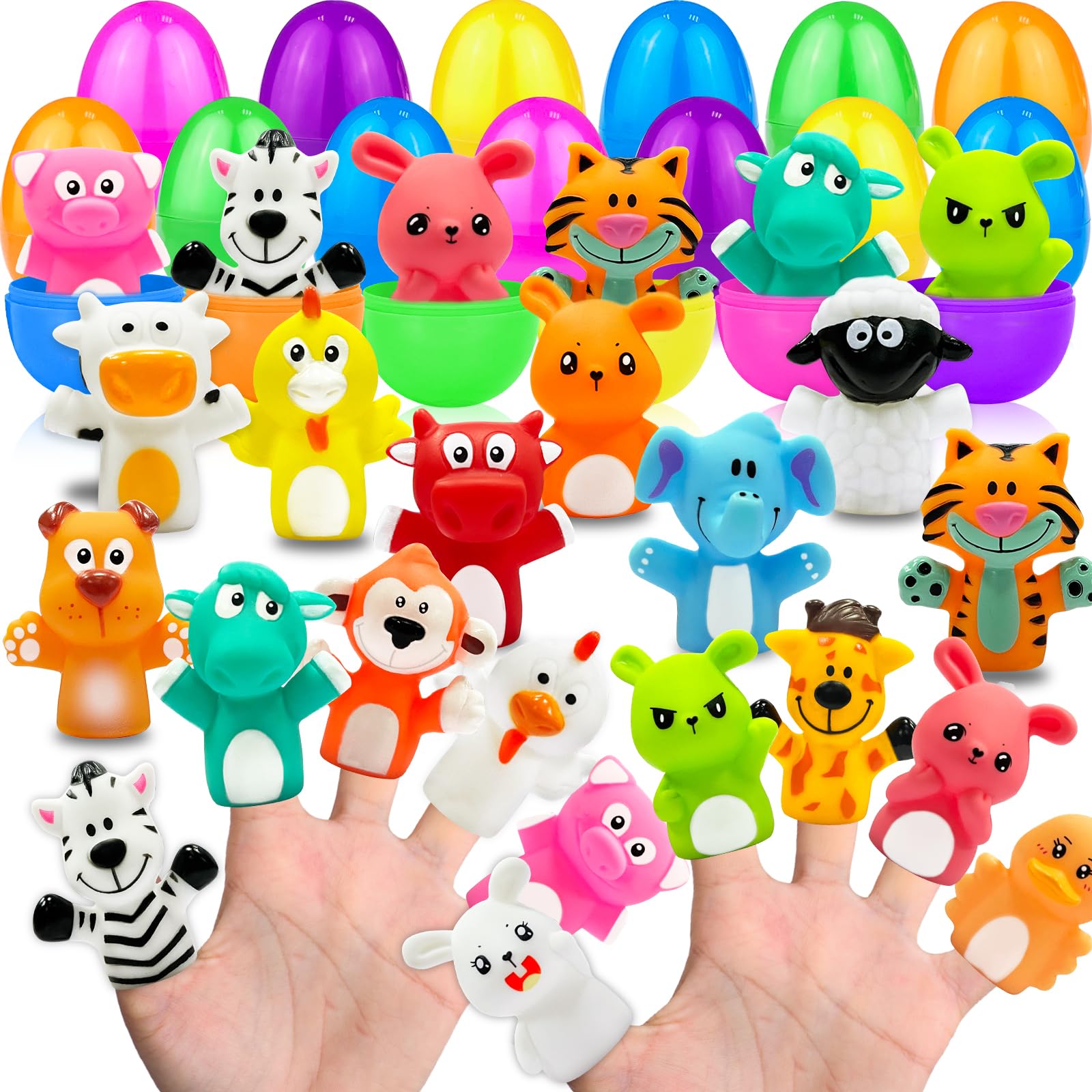 20 Pack Prefilled Easter Eggs with Animal Finger Puppets - Easter Basket Stuffers for Kids, Toddlers - Easter Egg Hunt Party Favors, Classroom Prizes - Perfect for Easter Celebrations, Birthday Parties & School Events