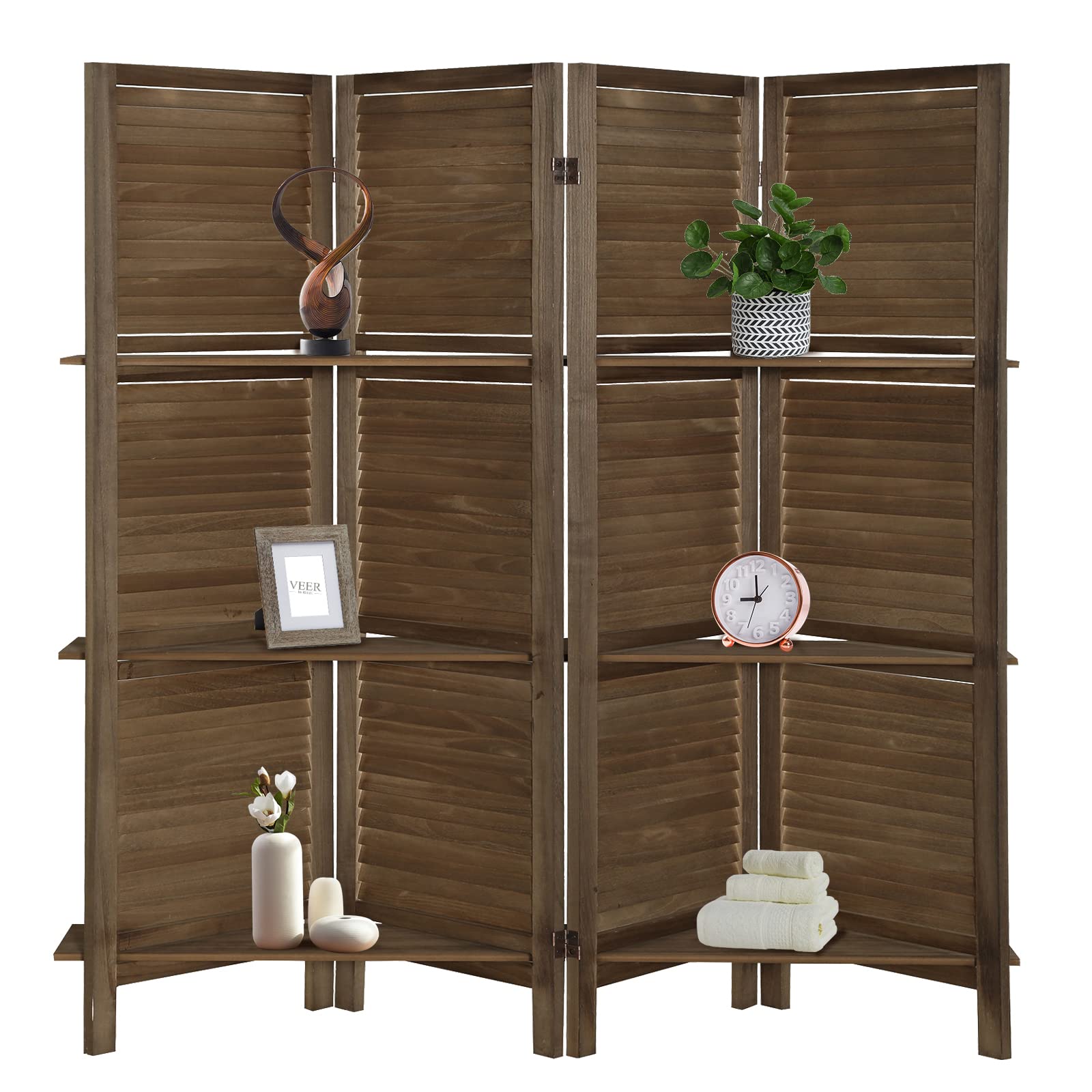 ECOMEX 5.6Ft Wooden Room Divider with Shelves - 4 Panel Folding Privacy Screen for Home & Office - Dark Brown Space Separator for Living Room, Bedroom, or Studio