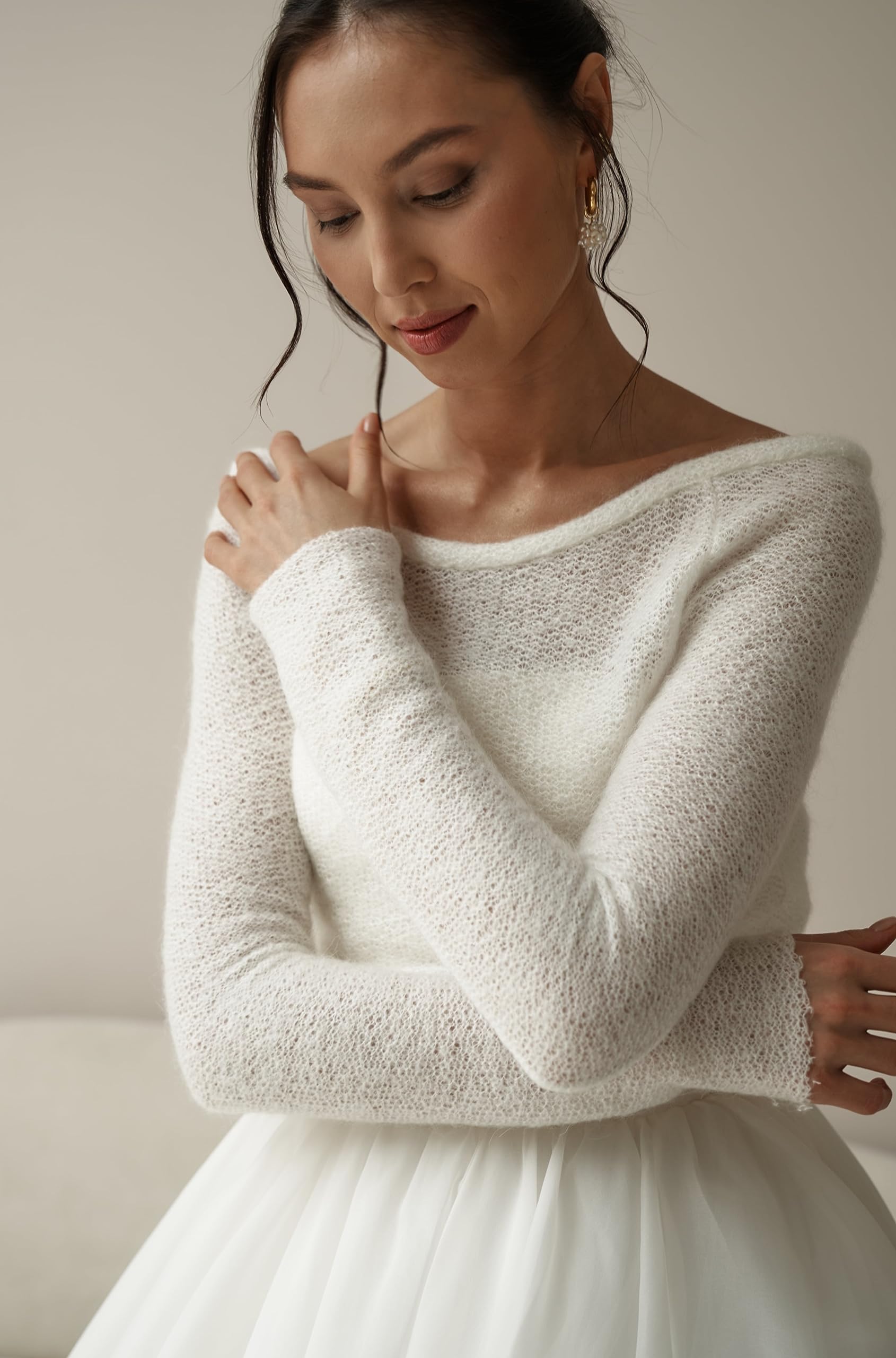Ivory Mohair Bridal Bolero Sweater - Warm Knitted Pullover for Wedding Dress, Cozy Bridal Jumper & Shawl (Size S) | Perfect for Winter Weddings, Church Ceremonies & Outdoor Photo Shoots