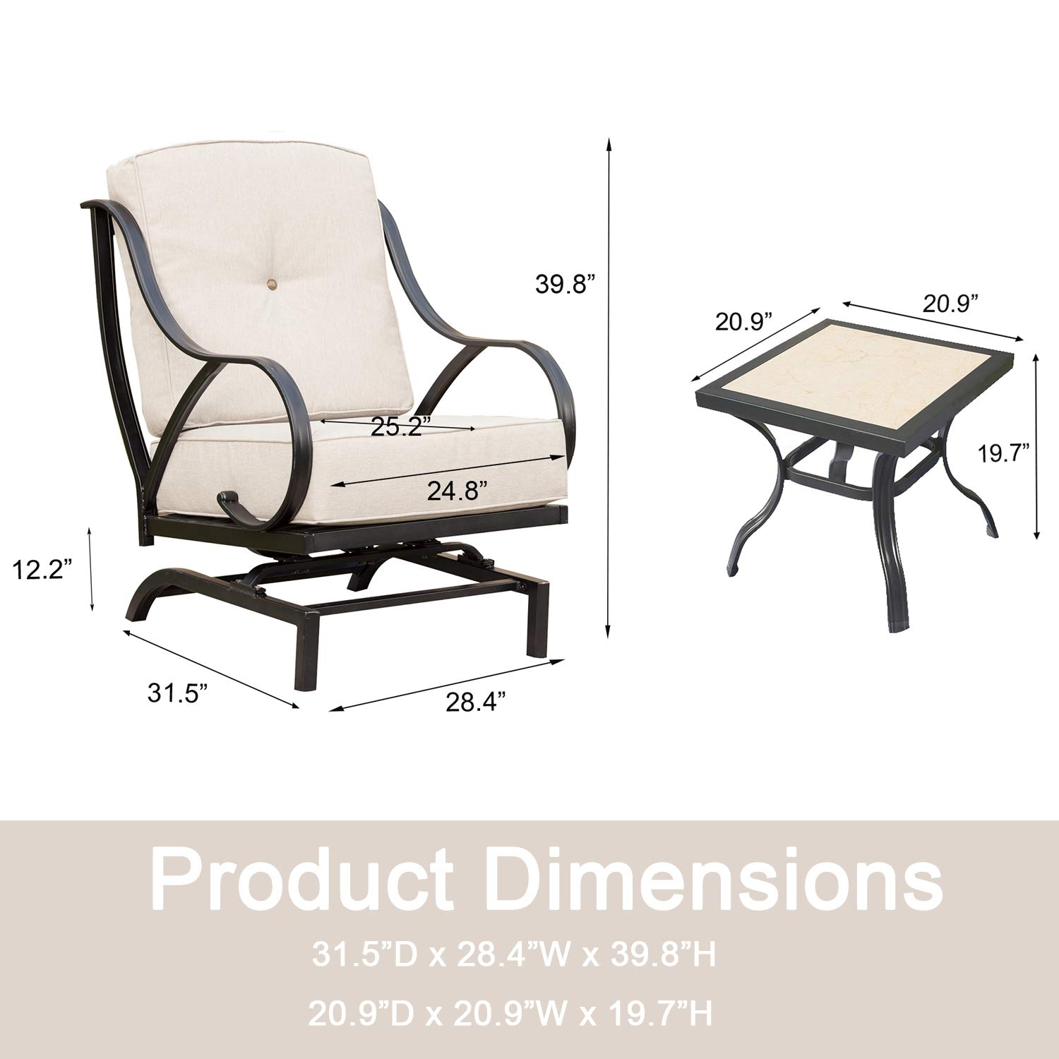 White 3-Piece Outdoor Patio Bistro Set with Rocking Chairs & Coffee Table - Metal Garden Furniture with Cushions for Balcony, Lawn, Deck & Backyard Relaxation