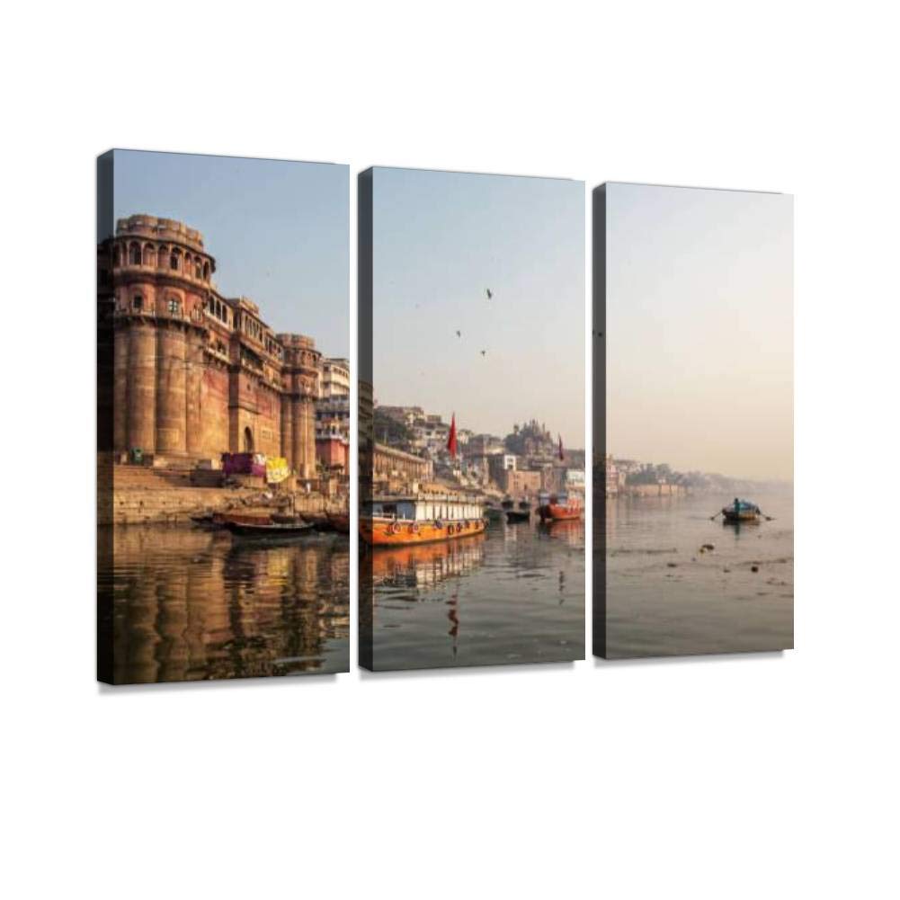 Blaverr 3-Panel Wall Art Set - Modern Ganges River Canvas Prints, Pilgrims Bathing & Praying Scene - Home Decor for Living Room & Bedroom - Ready to Hang - Perfect for Meditation Spaces & Cultural Theme Decor