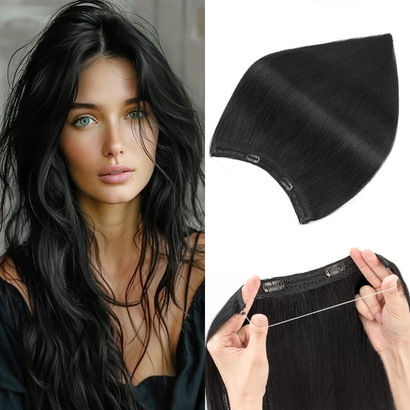 100% Real Human Hair Halo Extensions 18 Inch 65g - Natural Black Hairpiece for Women | Perfect for Weddings, Parties & Daily Styling