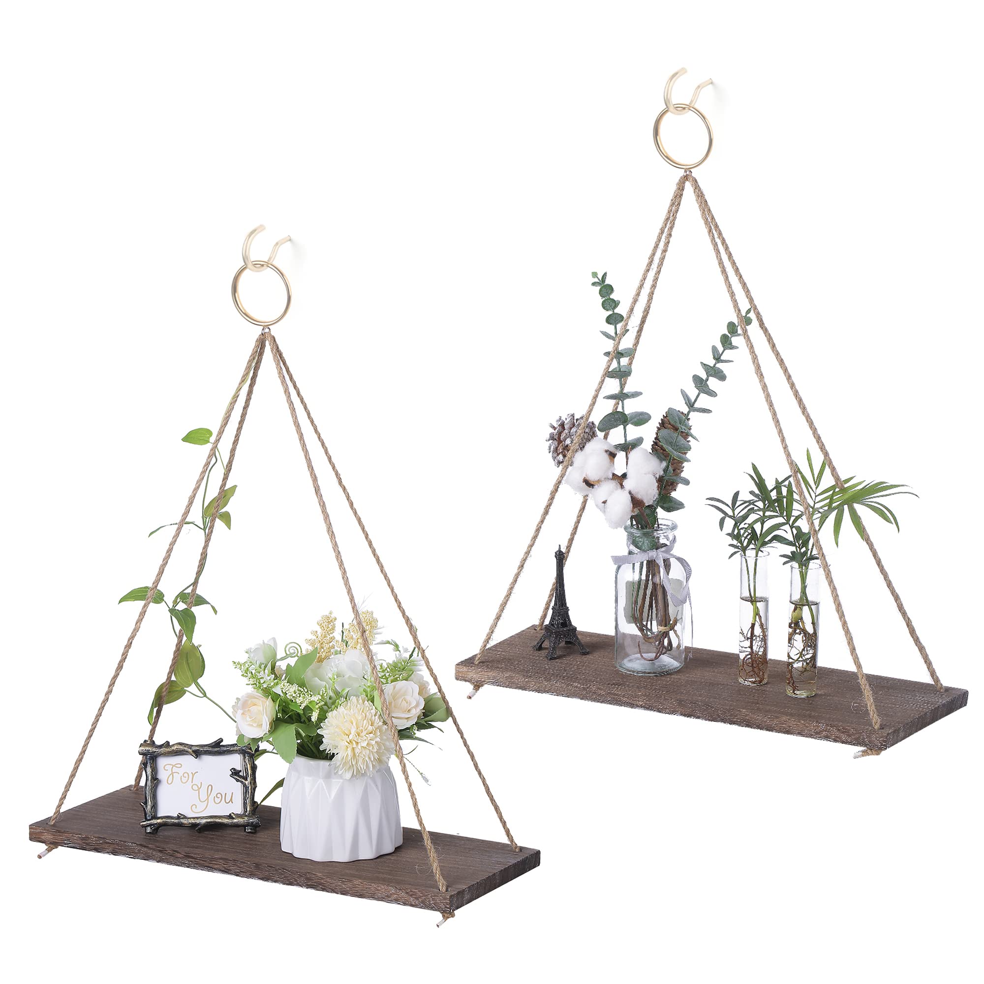 MITIME Hanging Wall Shelves Set of 2 - Large Floating Plant Shelf for Indoor Decor, Boho Style Wall Mounted Shelves for Bedroom, Bathroom & Living Room - Perfect for Displaying Plants, Books & Decorative Items