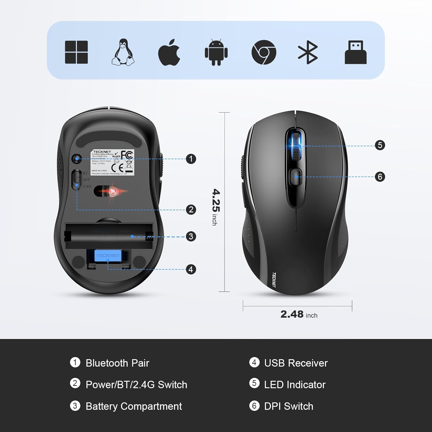 TECKNET Wireless Bluetooth Mouse for MacBook, 2-in-1 (BT 5.0 + 2.4G USB), 4000DPI Rechargeable Mouse - Compatible with Chromebook, Windows PC/Laptop - Black - Perfect for Office, Home & Travel Use