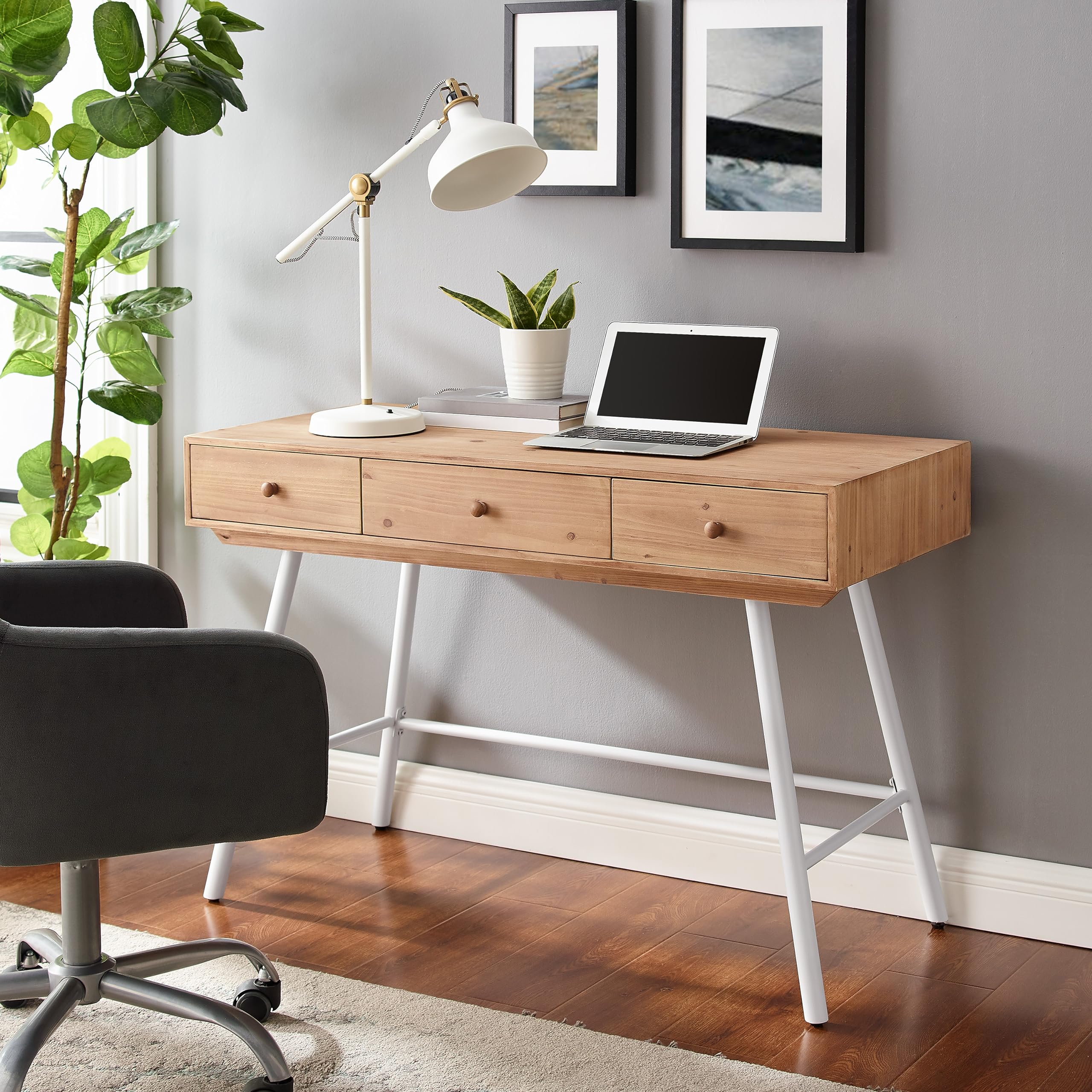 Linon Wood and Metal 3-Drawer Writing Desk in Natural & White - Stylish Home Office Furniture for Small Spaces, Dorm Rooms & Workspaces