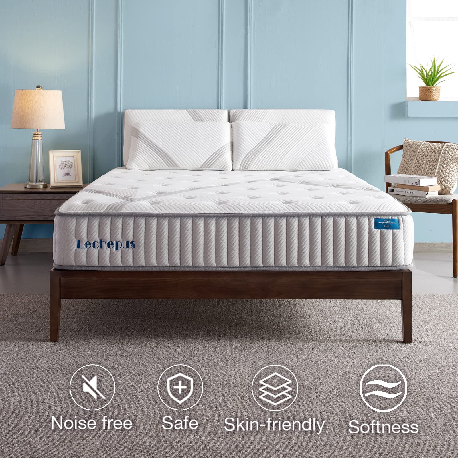 Lechepus 10 Inch Queen Hybrid Mattress in a Box - Memory Foam & Pocket Innersprings for Motion Isolation, Medium Firm Support with Breathable Soft Cover (10-Year Warranty) - Perfect for Bedrooms, Guest Rooms & Apartments