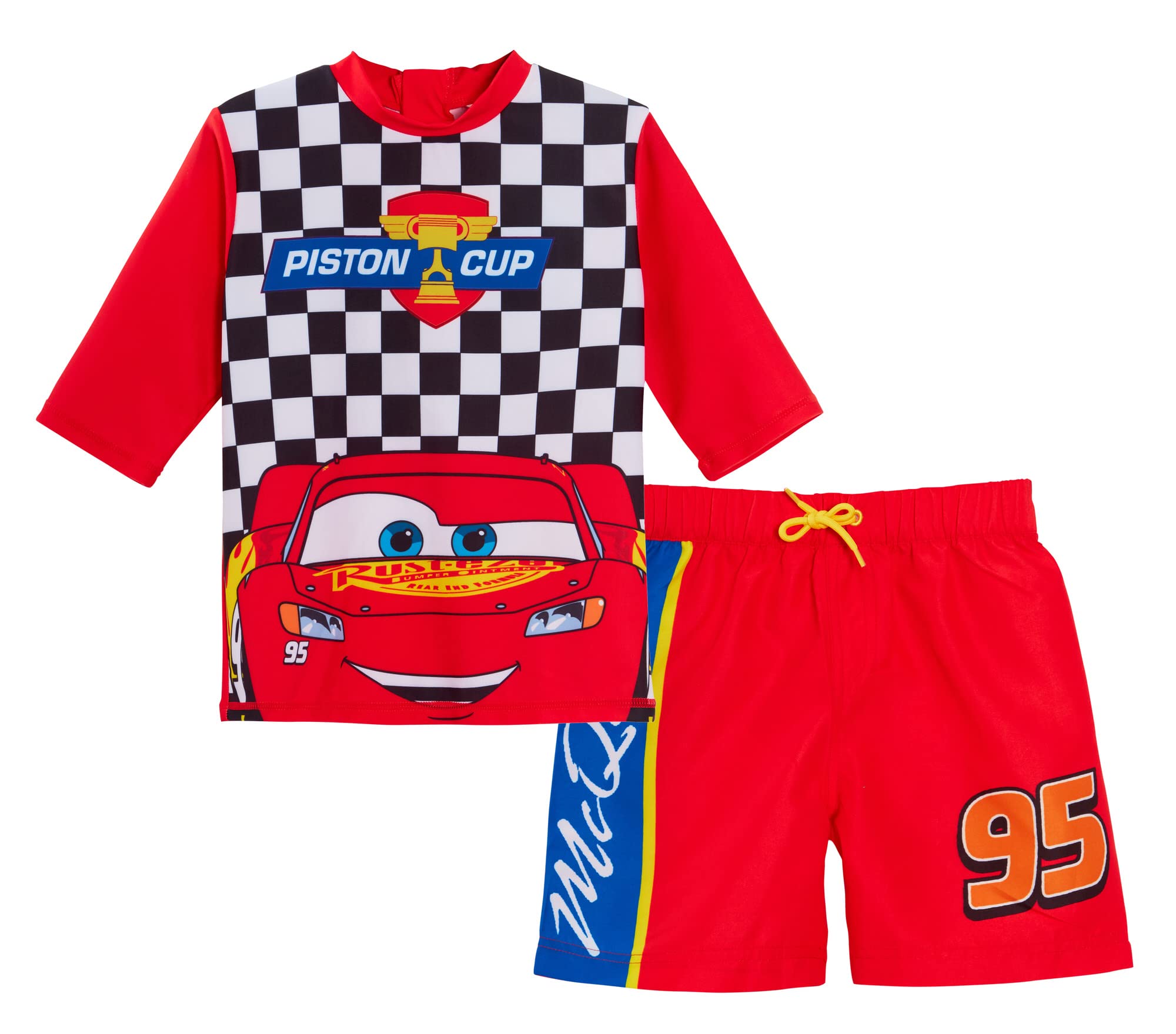 Lightning McQueen Boys 2-Piece Swim Set - Quick-Dry Rash Guard & Board Shorts for Kids - Perfect for Swimming, Surfing & Beach Play