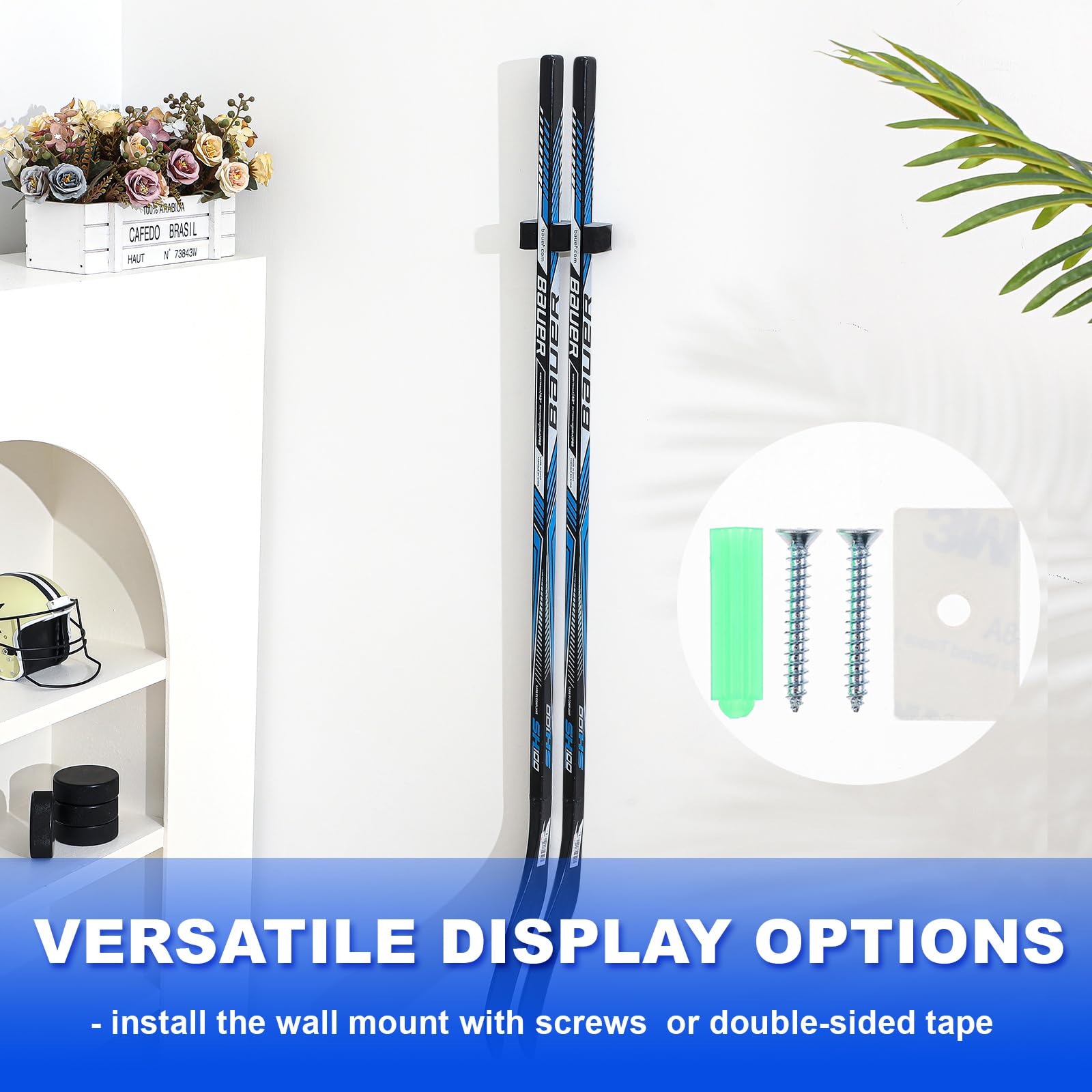 Yousoontic Hockey Stick Holder Wall Mount - Organizer for 1, 2, 3, 4 or 6 Ice Hockey Sticks - Space Saving Storage Solution for Home, Office, Garage or Locker Room - Perfect for Hockey Players and Fans Display