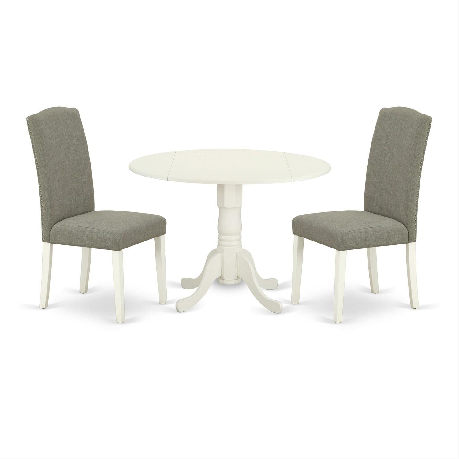 East West Furniture DLEN3-LWH-06 3-Piece Modern Dining Set - Round Wooden Drop Leaf Table & 2 Dark Shitake Linen Fabric Parson Chairs, 42x42 Inch, Linen White - Perfect for Small Spaces, Breakfast Nooks & Cozy Apartments