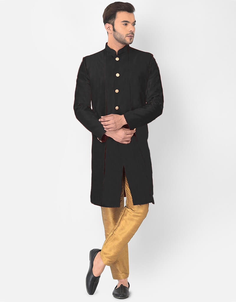 Premium Black Kurta with Dhupion Silk Pajama Set for Men - Traditional Indian Ethnic Wear for Weddings, Festivals & Special Occasions