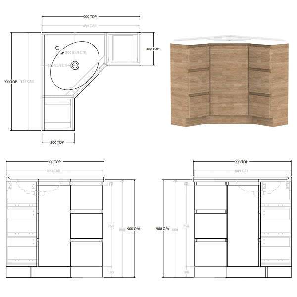 ADP Glacier Lite Door and Drawer Trio Floor Standing Corner Vanity with Cast Marble Top - Modern Bathroom Storage Solution for Small Spaces, Perfect for Apartments and Compact Homes