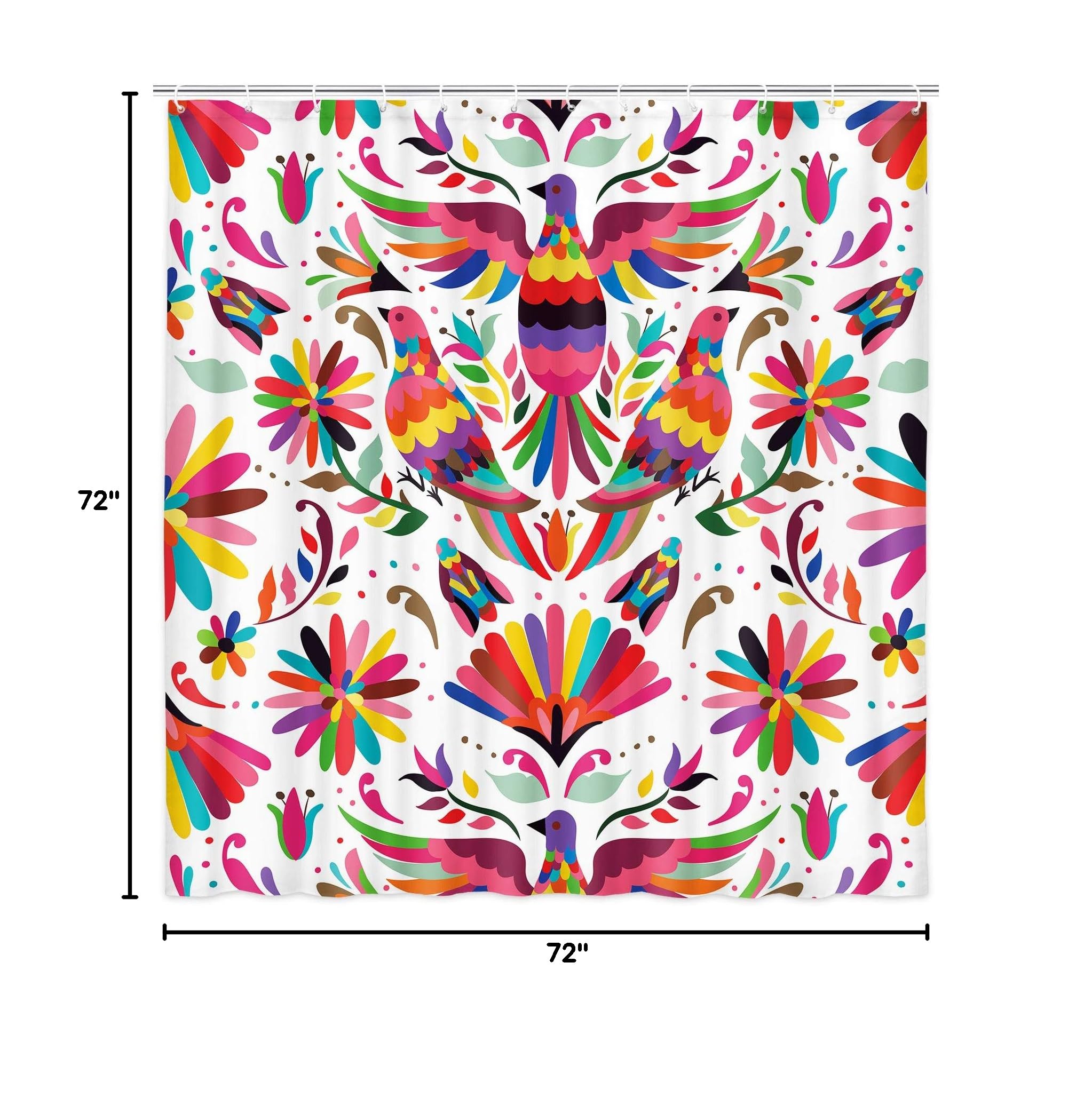 Mexican Otomi Green Floral Shower Curtain Set - Waterproof Polyester Boho Bathroom Decor with Hooks (69x70 Inches) | Vibrant Flowers & Birds Design for Modern, Farmhouse or Bohemian Style Bathrooms