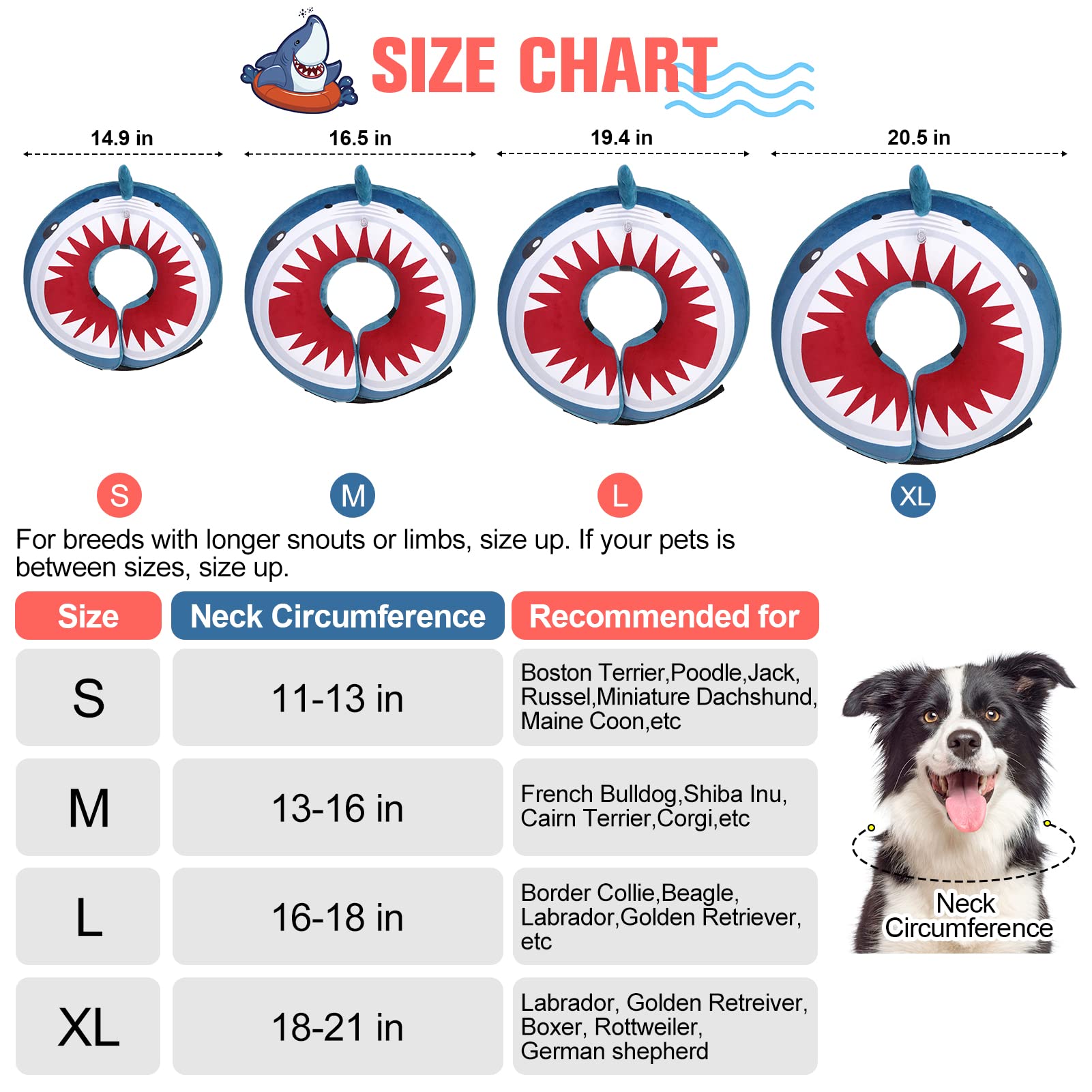 **BEAUTYZOO Inflatable Dog Cone Collar for Post-Surgery Recovery - Soft E-Collar Alternative for Large, Medium & Small Dogs & Cats - Shark Blue XL (Prevents Licking & Scratching) - Perfect for Home Recovery, Travel & Vet Visits**