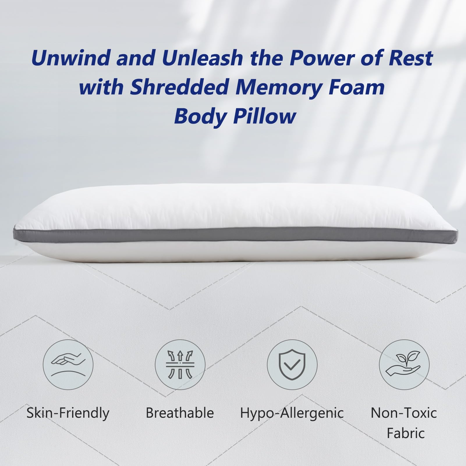 DOWNCOOL Quilted Memory Foam Body Pillow - Large Full Body Pillow for Adults & Side Sleepers - Soft Long Bed Pillow (20x54 inches, White) - Perfect for Pregnancy Support, Back Pain Relief & Comfortable Sleeping