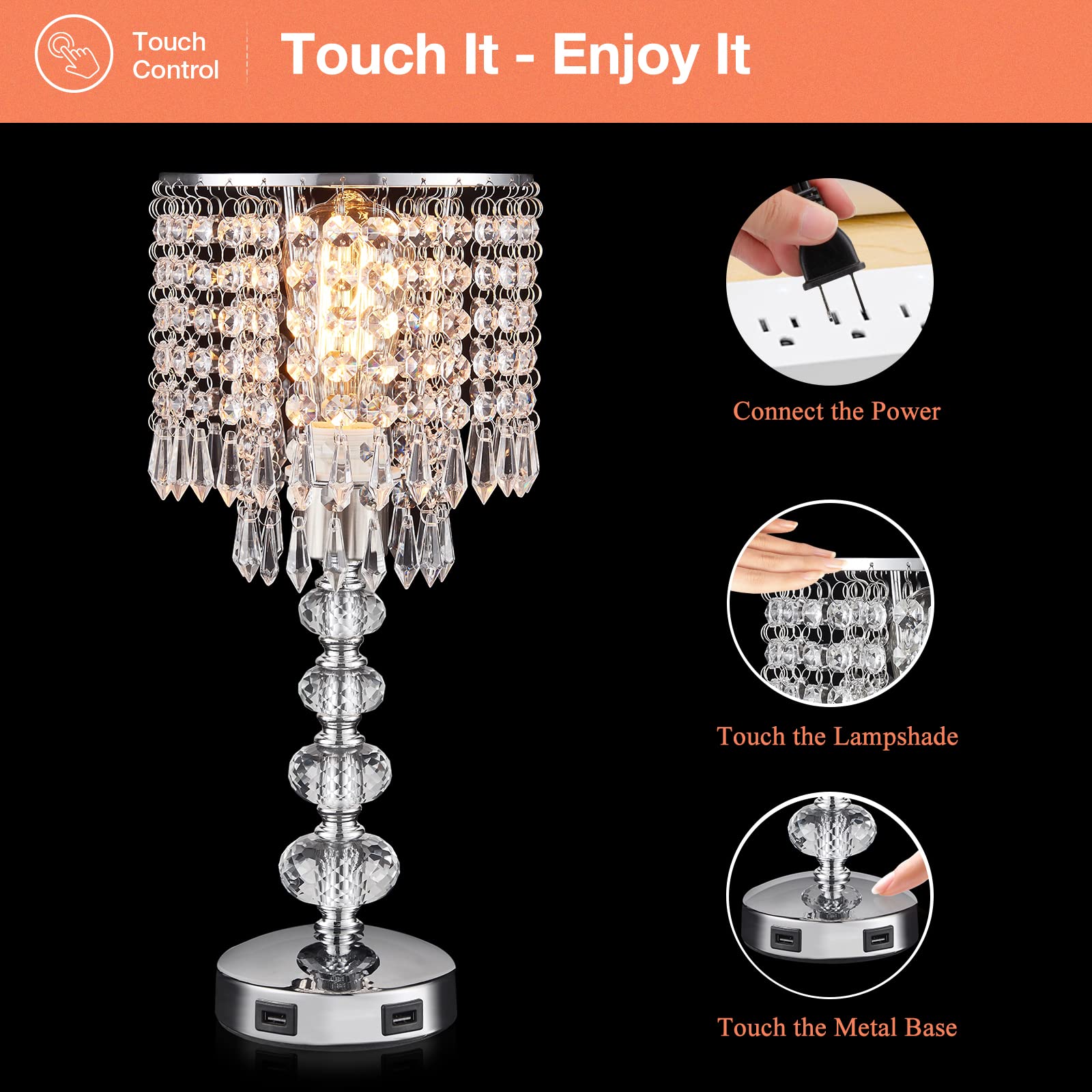 Acaxin Crystal Table Lamp with USB Charging Ports - 3-Way Dimmable Nightstand Lamp for Bedroom, Living Room & Office | Silver Touch Control Glam Lamp for Girls | Perfect for Reading, Relaxing & Charging Devices