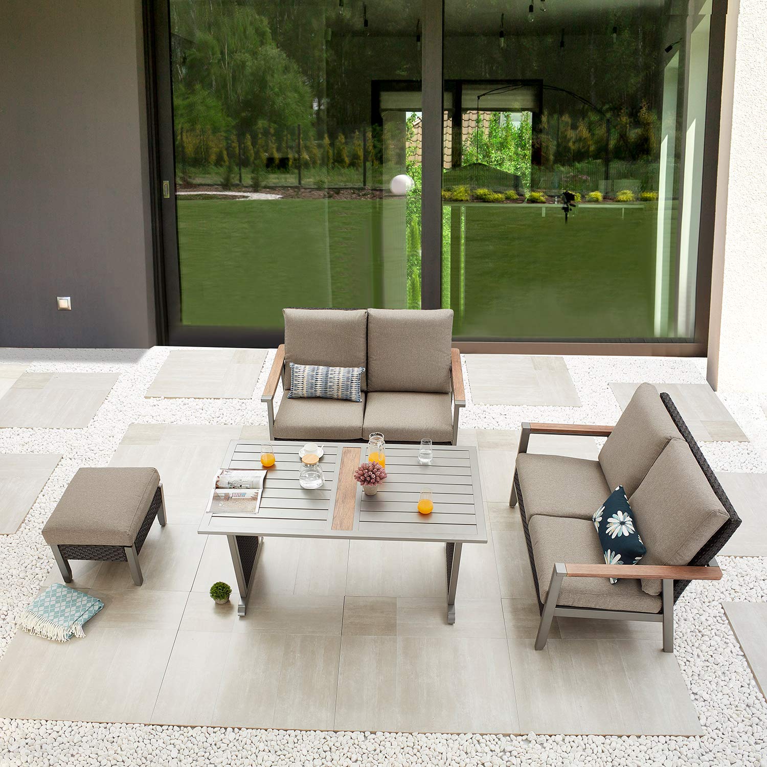 4-Piece Patio Conversation Set - All-Weather Metal Loveseat Chairs with Gray Cushions, Ottoman & Coffee Table - Outdoor Rattan Wicker Furniture for Deck, Poolside, Garden or Backyard Relaxation