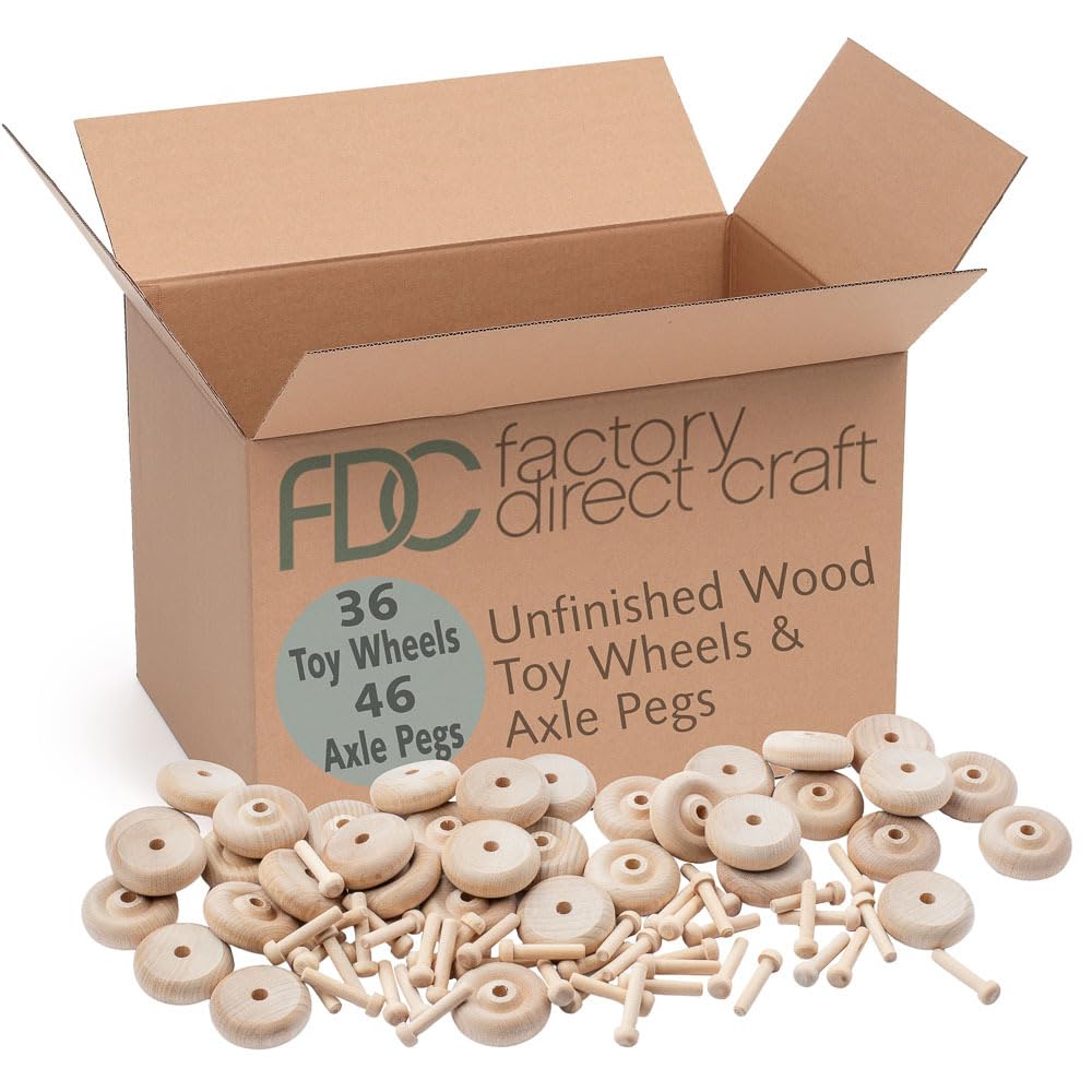 Unfinished Wooden Wheels and Axle Pegs for DIY Crafts - 1.5