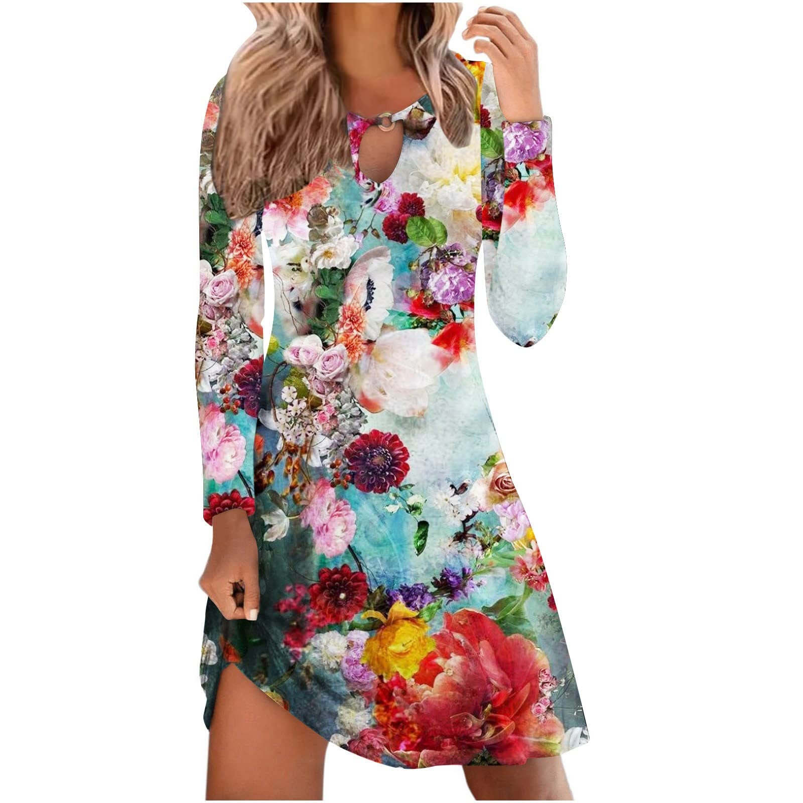 Maqroz Women's Floral Print Fall Wedding Guest Dress - Long Sleeve Mini A-Line Dress with Choker Neck | Perfect for Autumn Weddings, Parties & Casual Outings