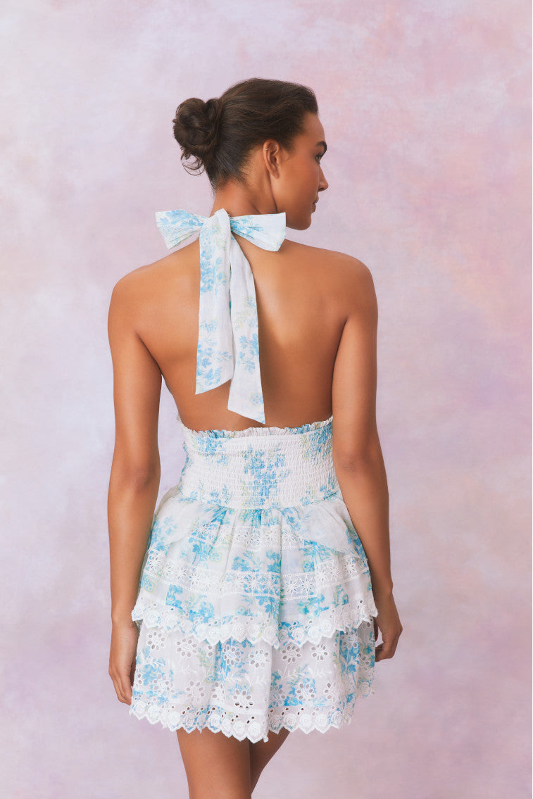 Deanna Halter Floral Eyelet Mini Dress - Women's Summer Boho Dress with Lace Trim, Perfect for Beach Vacations & Date Nights