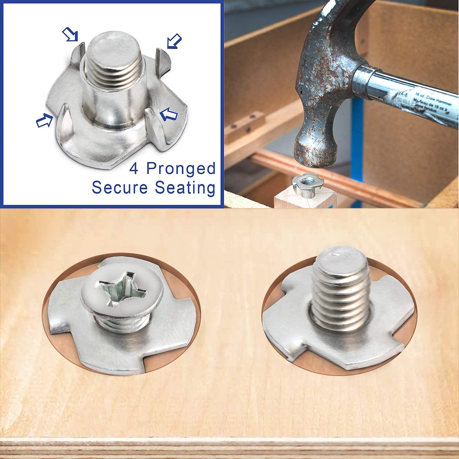 M4 Zinc Plated Carbon Steel T-Nuts - 4 Prong Tee Nuts for Woodworking & Furniture Assembly (50pcs) - Perfect for DIY Projects, Cabinet Making, and Furniture Fastening
