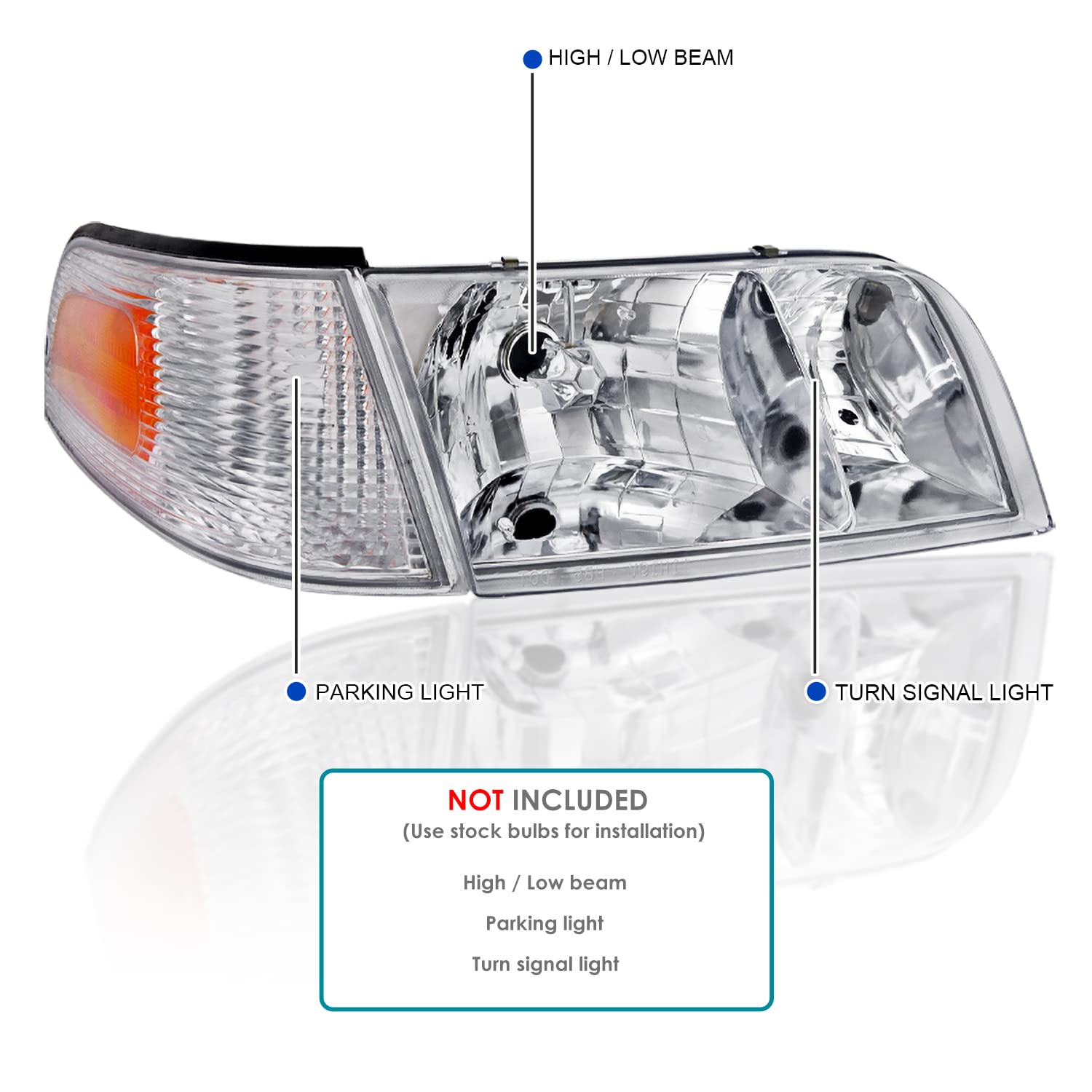 Spec-D Tuning Chrome Housing Clear Lens Headlights & Corner Lights for 1998-2011 Ford Crown Victoria - Left & Right Pair Headlight Assembly - Upgrade Your Ride for Night Driving & Car Shows
