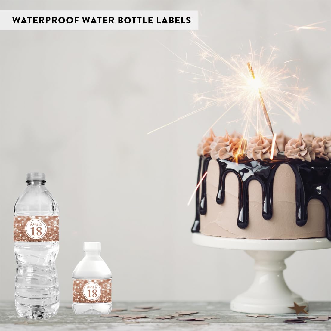 Glitzy Rose Gold Faux Glitter Water Bottle Labels - 20-Pack for 18th Birthday Party Decorations, Anniversary Favors & Women's Celebrations | Perfect for Birthday Parties, Bridal Showers & Special Events