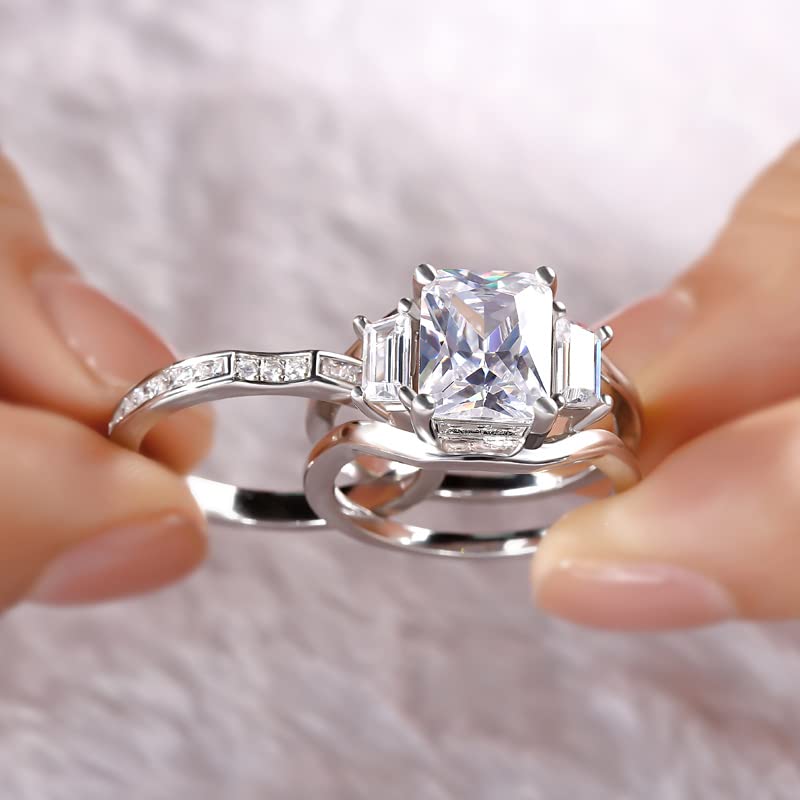 5 Carat Cubic Zirconia Three Stone Engagement Ring Set for Women - Sterling Silver Wedding Band with Side Stones, Interchangeable Bridal Promise Rings - Perfect for Proposals, Anniversaries & Special Occasions (Includes Jewelry Gift Box)