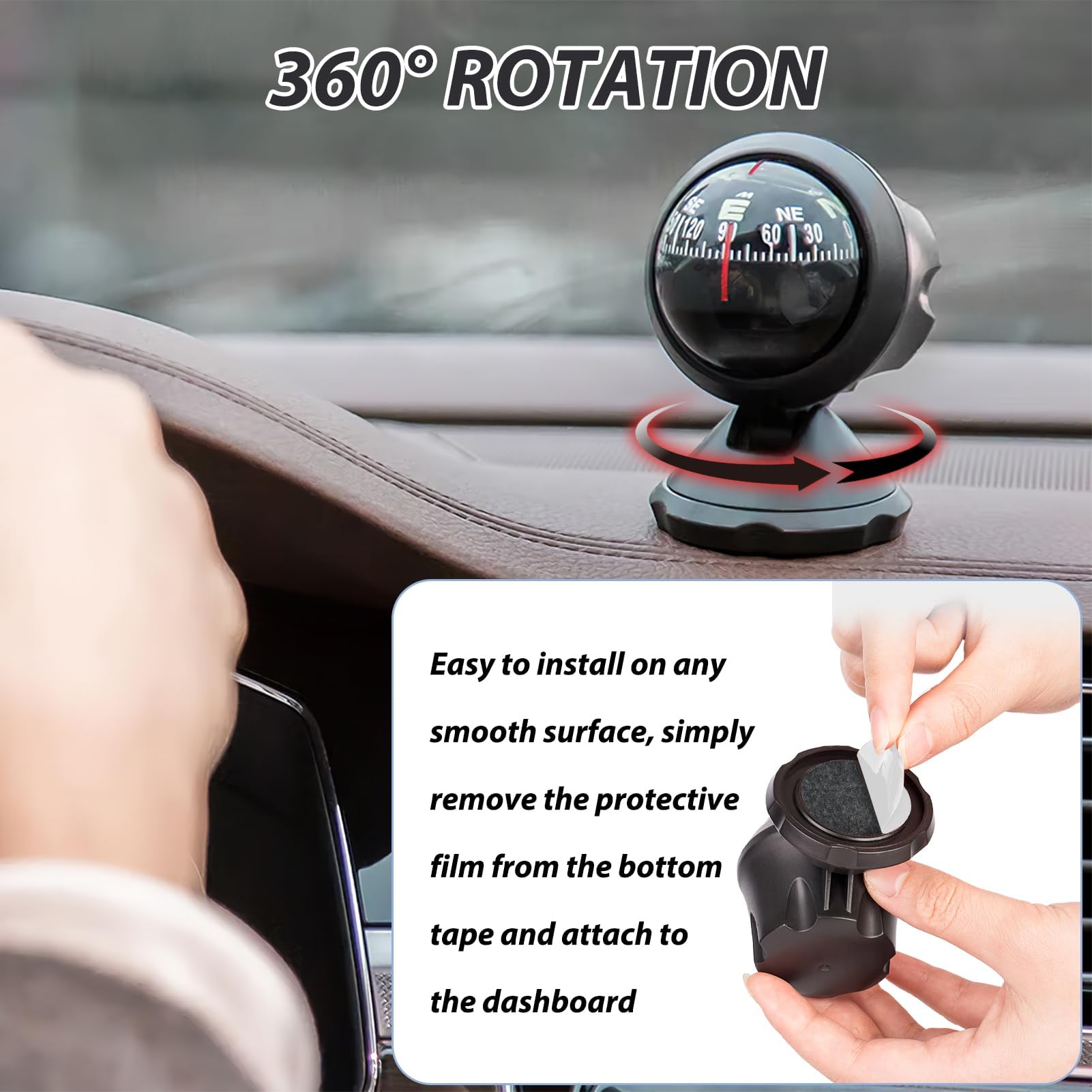 Car Dashboard Compass with Adjustable Mount - Universal Vehicle Compass for Cars, Trucks, Boats & RVs | Accurate Direction Finding for Road Trips, Off-Roading & Marine Navigation
