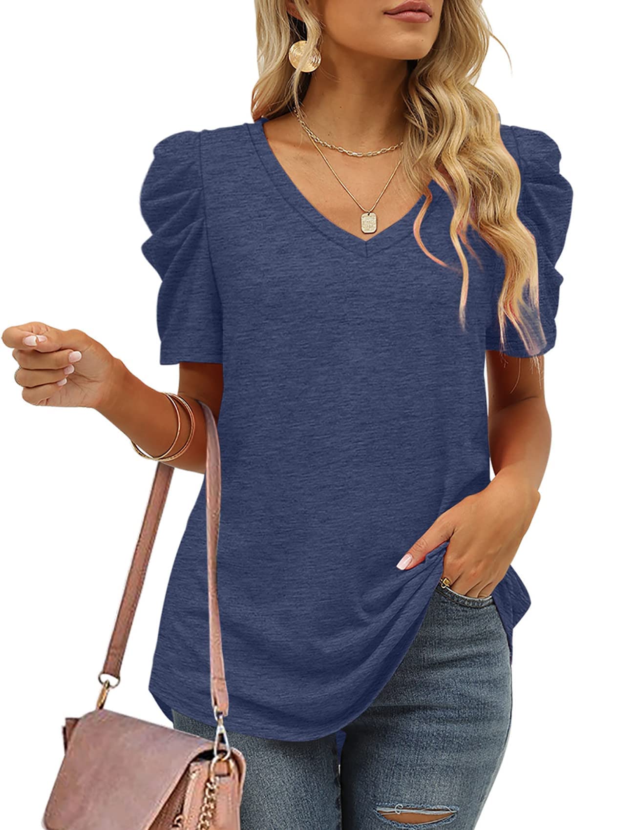 Women's Casual Tunic Tops - Solid Color V-Neck Cap Sleeve Blouse for Everyday Wear | Office, Weekend & Summer Outfits