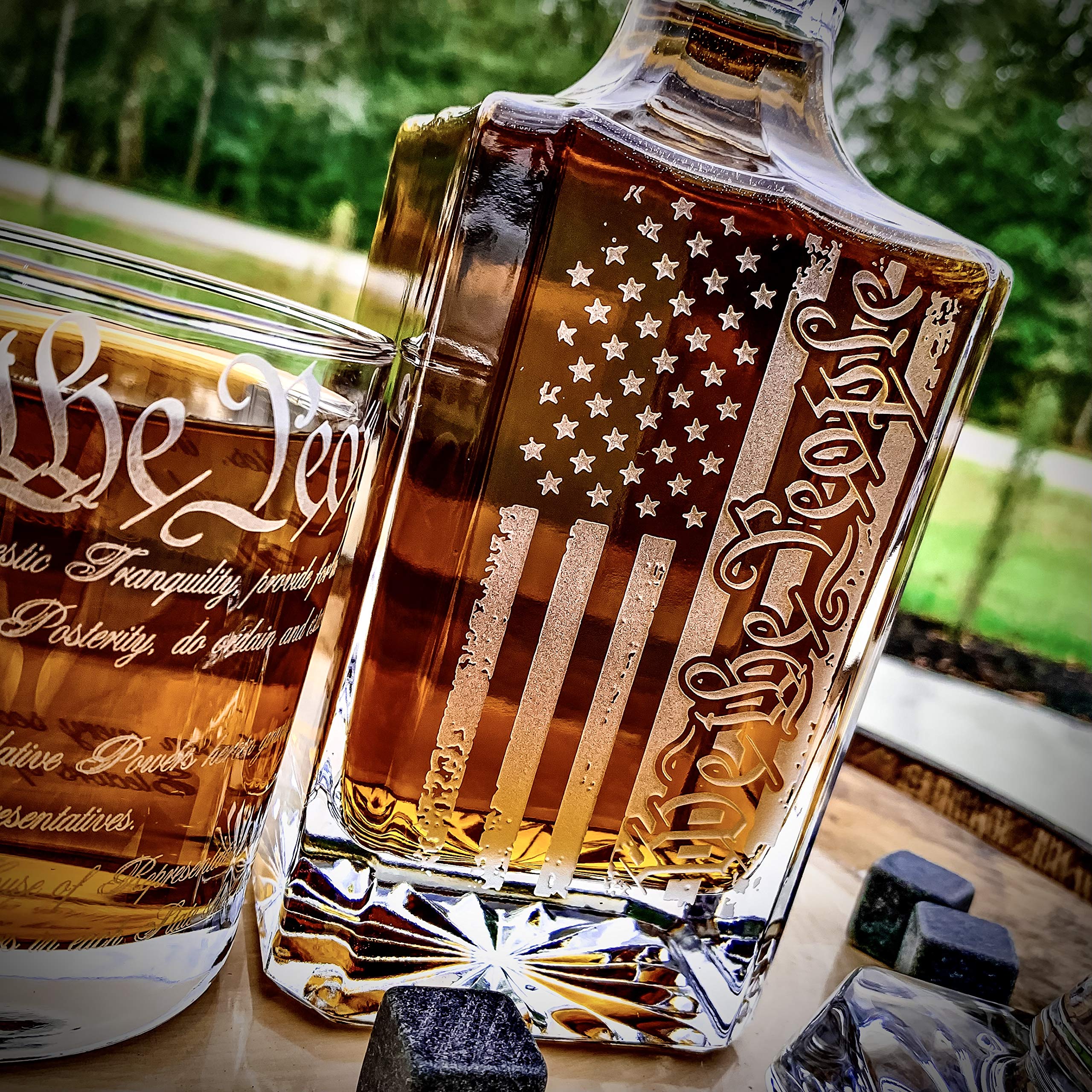 We The People American Flag Engraved 750ml Whiskey Decanter Set with 360 US Constitution Glasses (3pc) - Premium Handcrafted Barware Made in USA - Perfect Father's Day Gift for Whiskey Lovers & Patriotic Home Decor