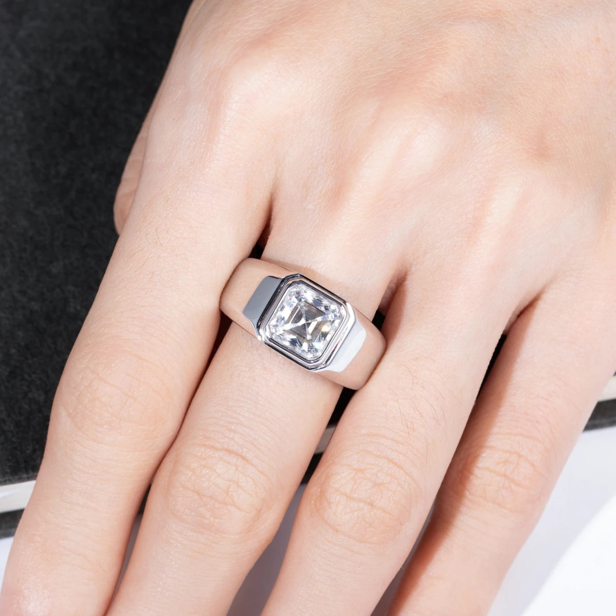 AnuJewel 3ct Asscher Cut D Color Moissanite Engagement Ring for Men - 925 Sterling Silver Gold Plated Luxury Wedding Band, Custom Jewelry for Proposals & Anniversaries