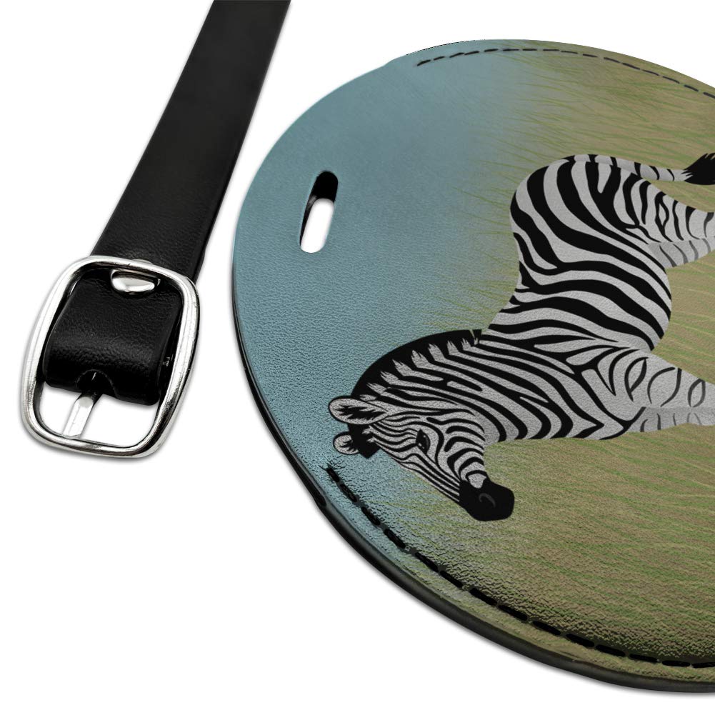 Premium Round Leather Luggage Tag with Zebra in Grasslands Design - Durable Carry-On ID Tag for Suitcases, Backpacks & Travel Bags | Perfect for Air Travel, Business Trips & Vacation Identification