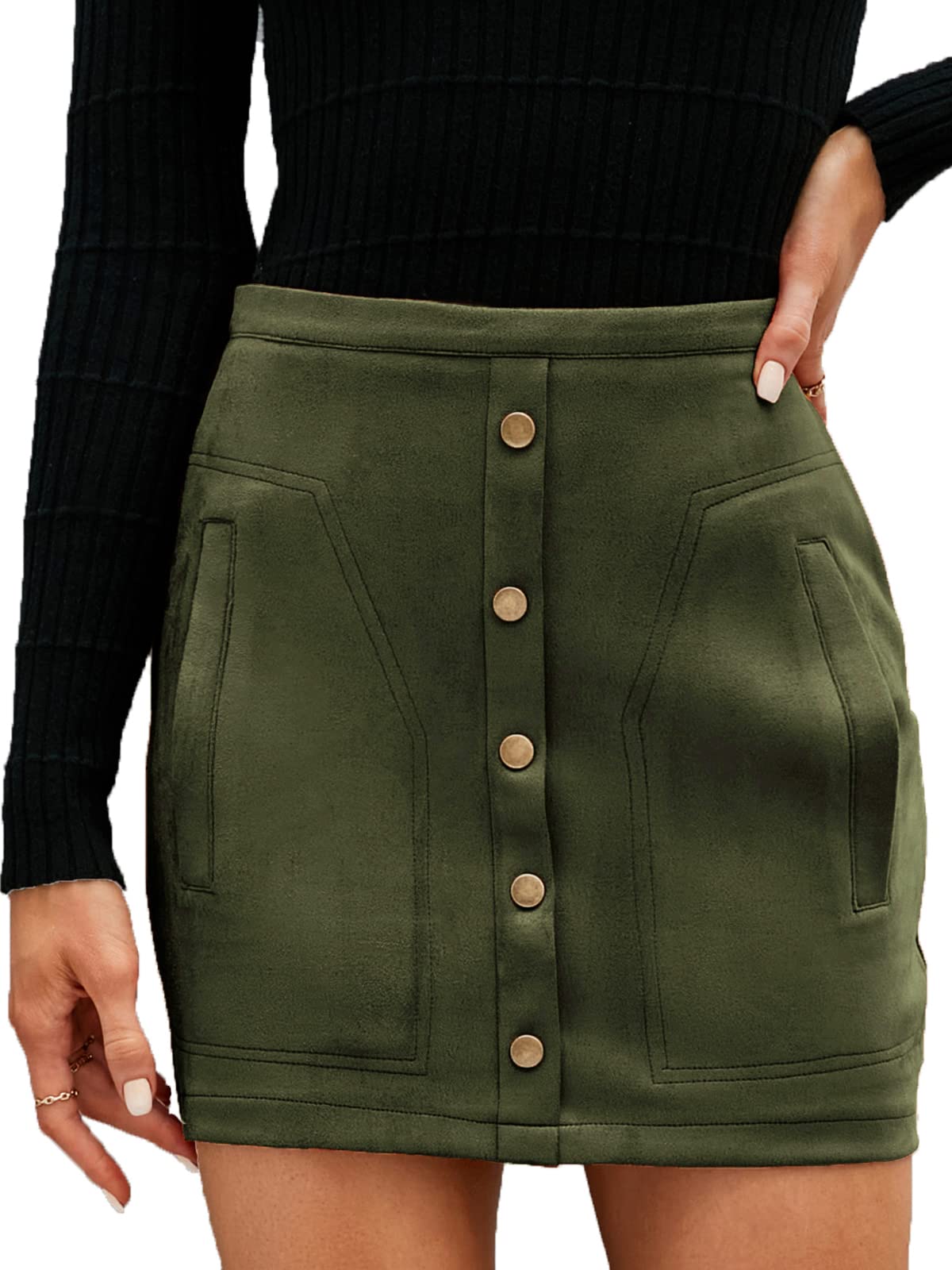 Naggoo Women's High Waist Faux Suede Mini Skirt - Sexy Bodycon A-Line Style with Pockets & Button Detail | Perfect for Date Night, Club Outfits & Casual Wear