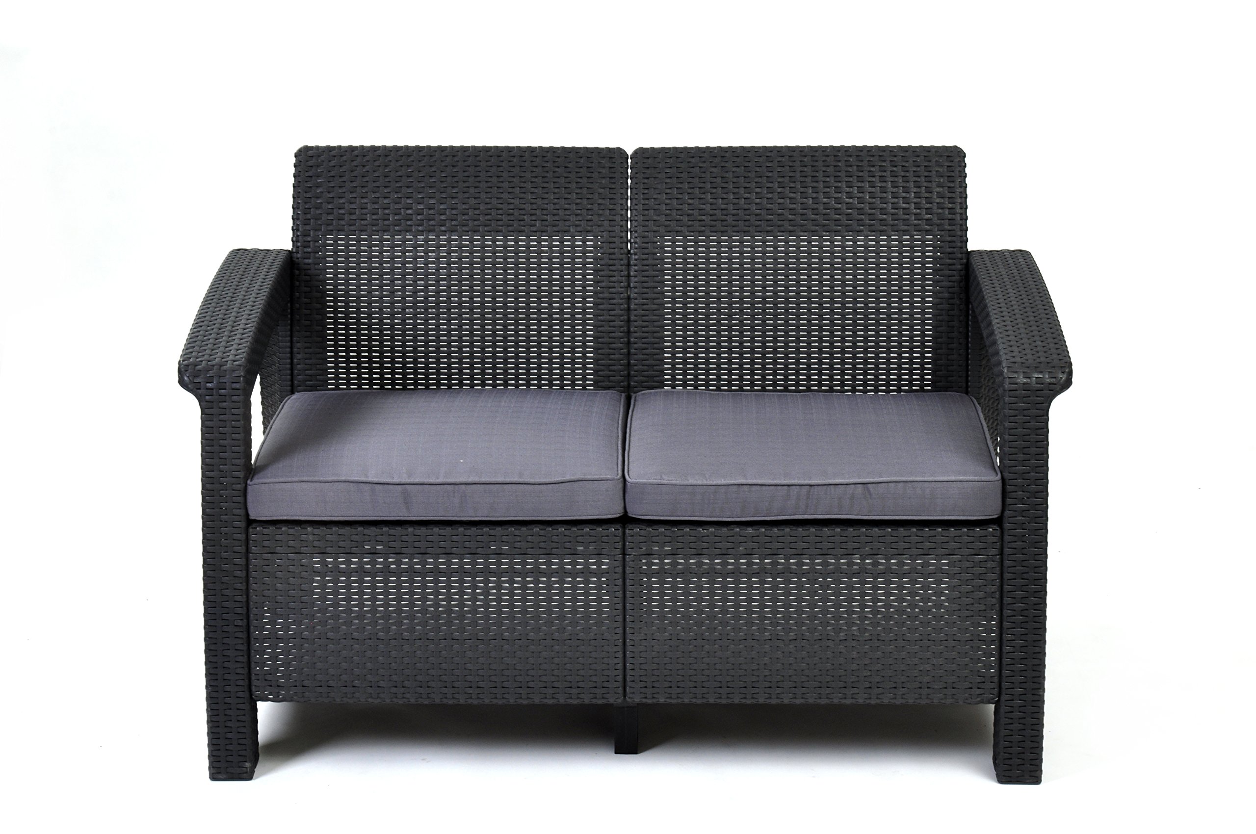 Keter Corfu Resin Wicker Loveseat with Outdoor Cushions - Durable Patio Furniture Set for Front Porch, Deck & Poolside Seating - Weather-Resistant Grey Outdoor Sofa - Perfect for Garden, Backyard & Relaxation