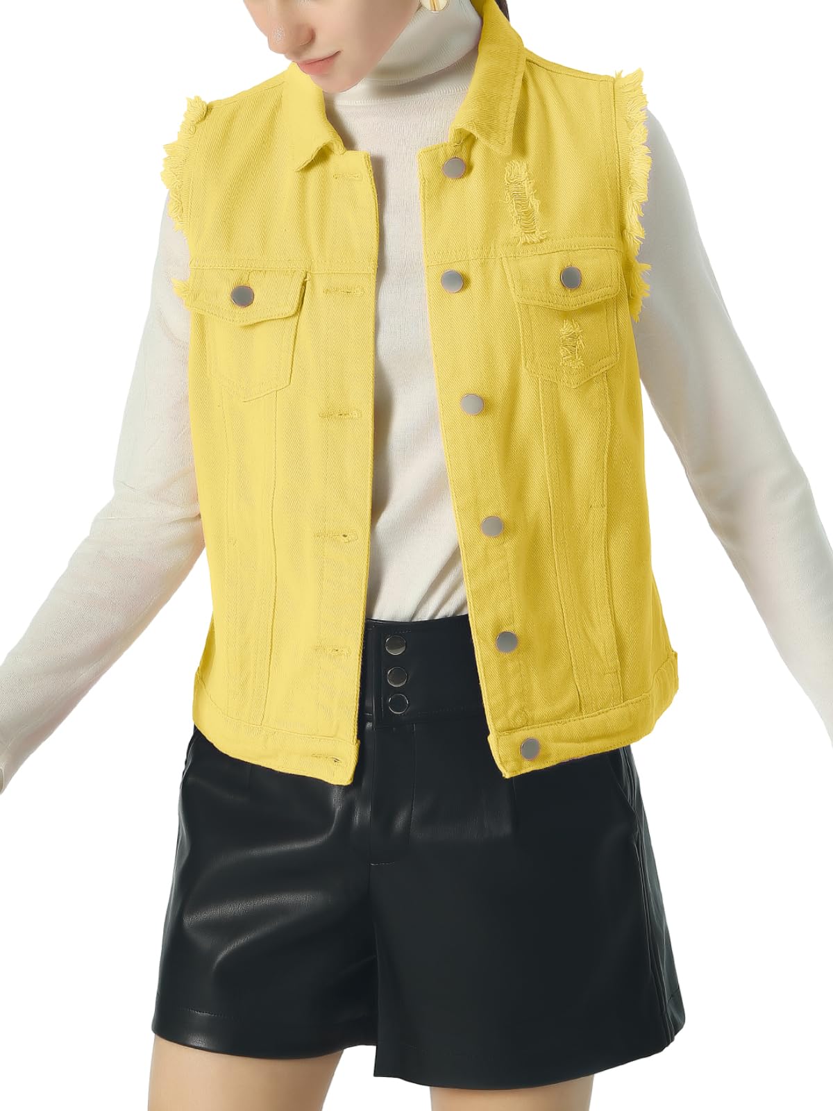 Ebossy Women's Slim Fit Sleeveless Distressed Denim Vest Jacket - Lightweight Summer Fashion for Casual Outings, Music Festivals & Street Style